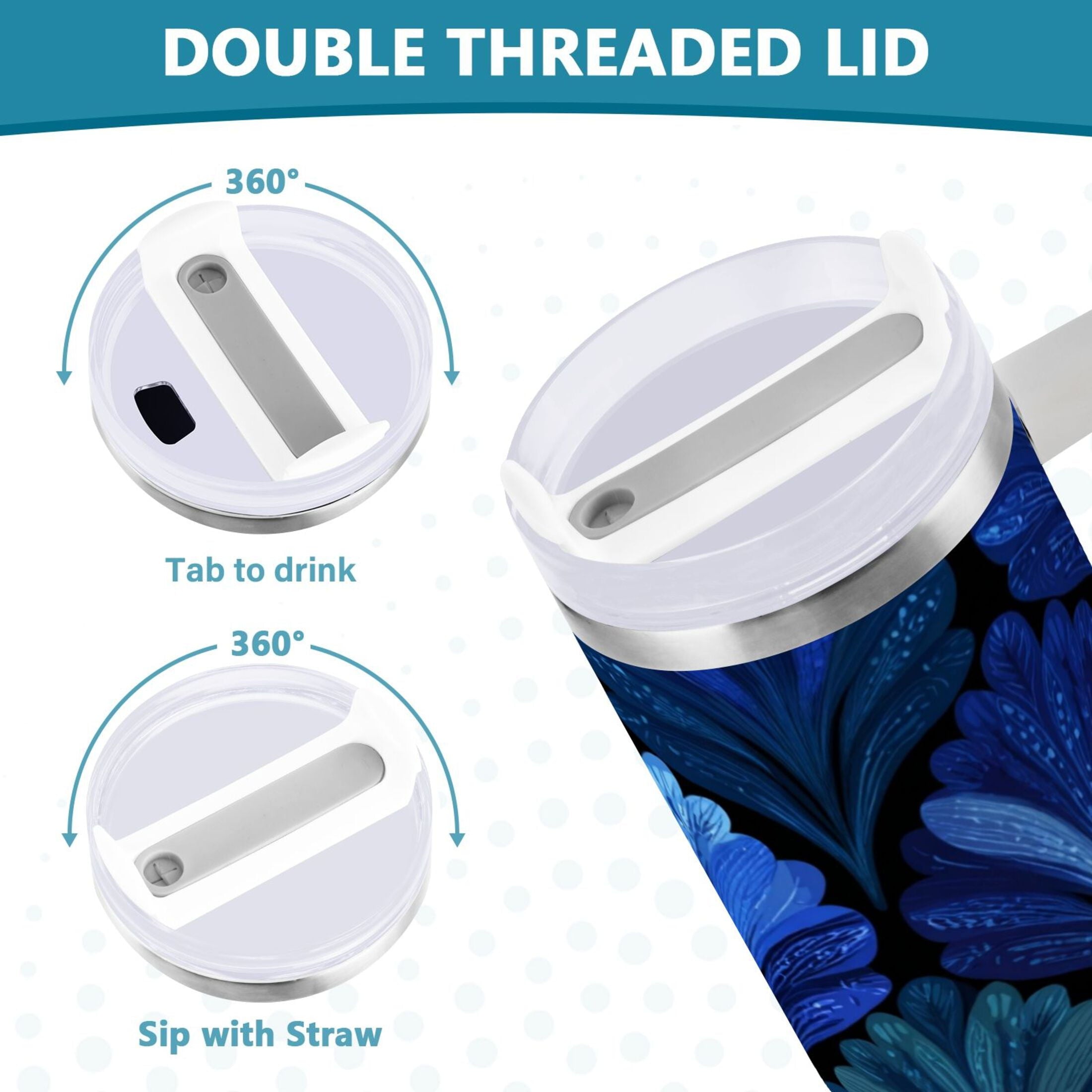 30 oz Insulated Stainless Steel Tumbler Double Wall Stainless Steel Tumbler with 2-Way Drinking Blue Batik Leaves Pattern M525M