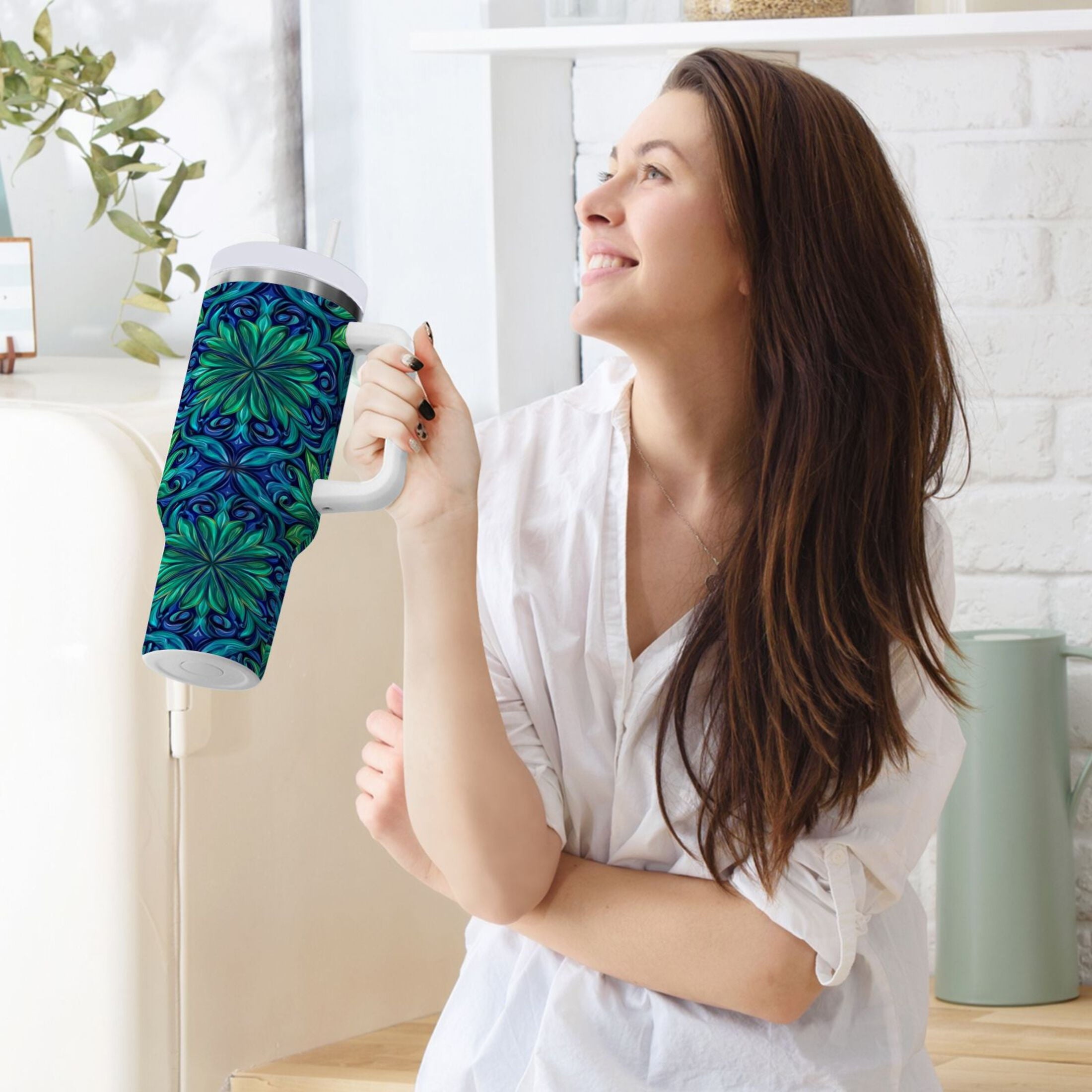 40 oz Insulated Stainless Steel Tumbler Double Wall Stainless Steel Tumbler with 2-Way Drinking Elegant Blue Traditional Patterns M603V