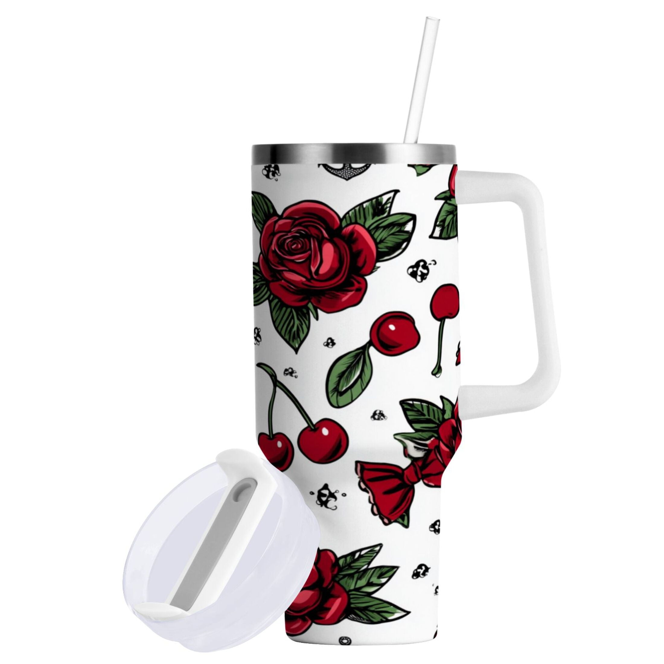 40 oz Insulated Stainless Steel Tumbler Double Wall Stainless Steel Tumbler with 2-Way Drinking Red Roses and Cherries M599Q