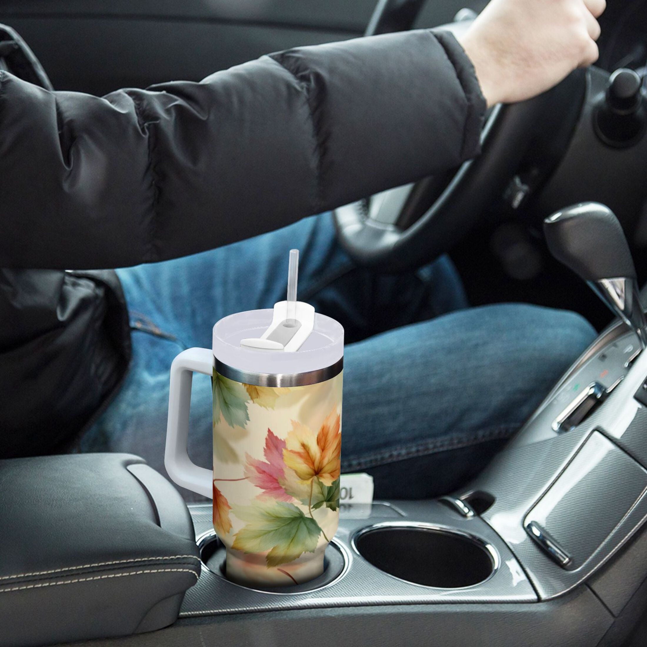 40 oz Insulated Stainless Steel Tumbler Double Wall Stainless Steel Tumbler with 2-Way Drinking Watercolor Maple Leaves Pattern M513M