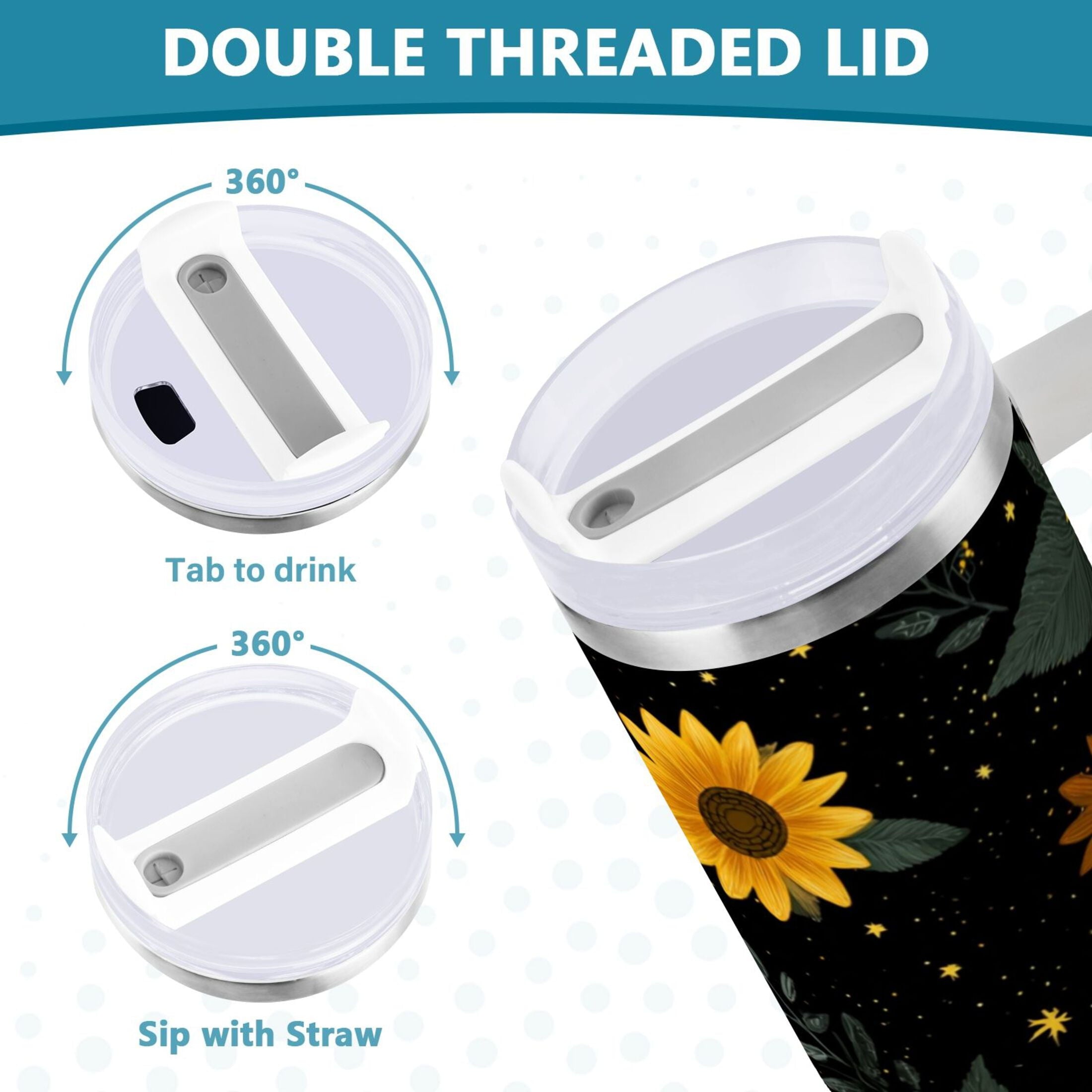 30 oz Insulated Stainless Steel Tumbler Double Wall Stainless Steel Tumbler with 2-Way Drinking Yellow Sunflower Pattern M532K