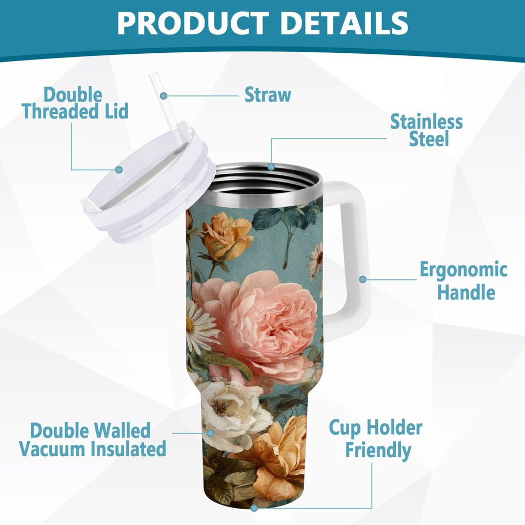 30 oz Insulated Stainless Steel Tumbler Double Wall Stainless Steel Tumbler with 2-Way Drinking Vintage Roses and Peonies M667B
