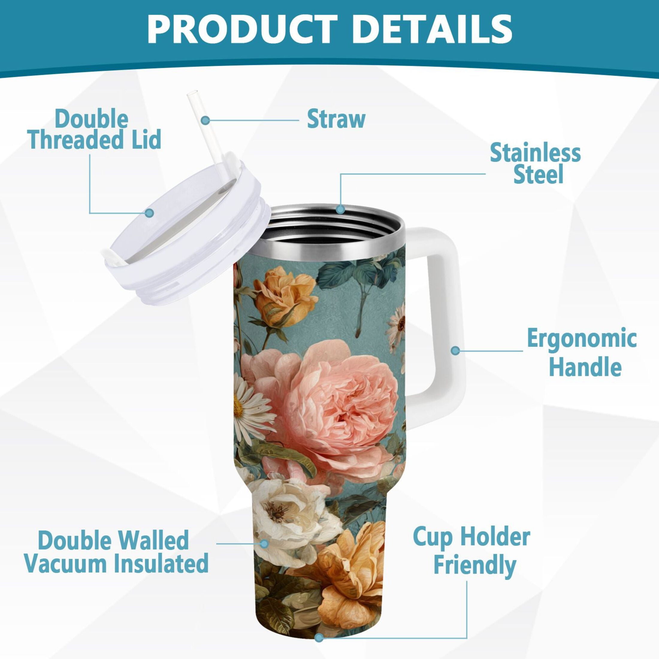 30 oz Insulated Stainless Steel Tumbler Double Wall Stainless Steel Tumbler with 2-Way Drinking Vintage Roses and Peonies M667B