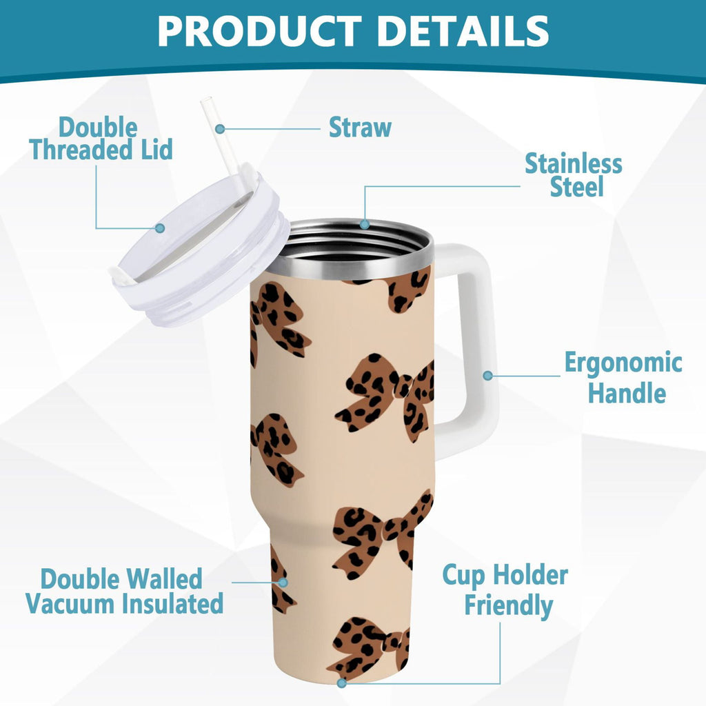 30 oz Insulated Stainless Steel Tumbler Double Wall Stainless Steel Tumbler with 2-Way Drinking Cute Brown Bow M528J