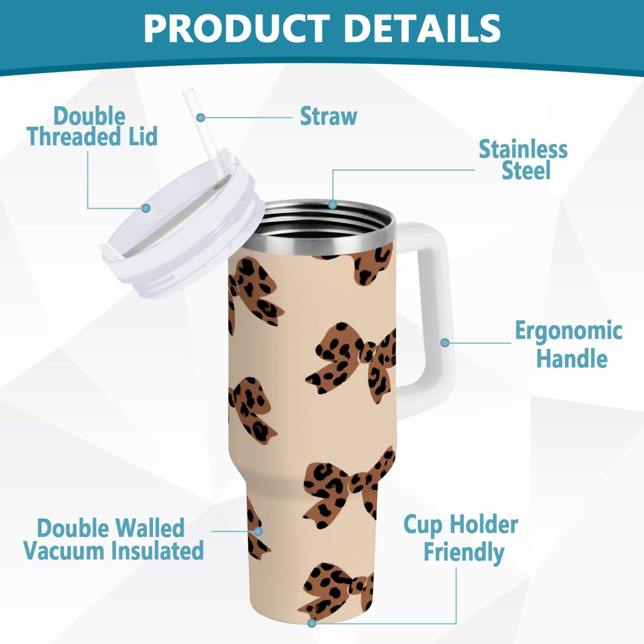 30 oz Insulated Stainless Steel Tumbler Double Wall Stainless Steel Tumbler with 2-Way Drinking Cute Brown Bow M528J