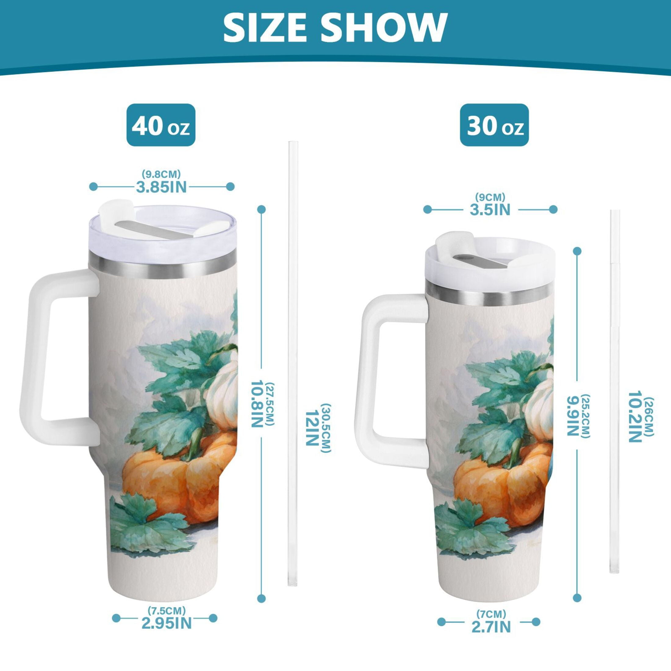40 oz Insulated Stainless Steel Tumbler Double Wall Stainless Steel Tumbler with 2-Way Drinking Watercolor Pumpkins and Leaves M447P