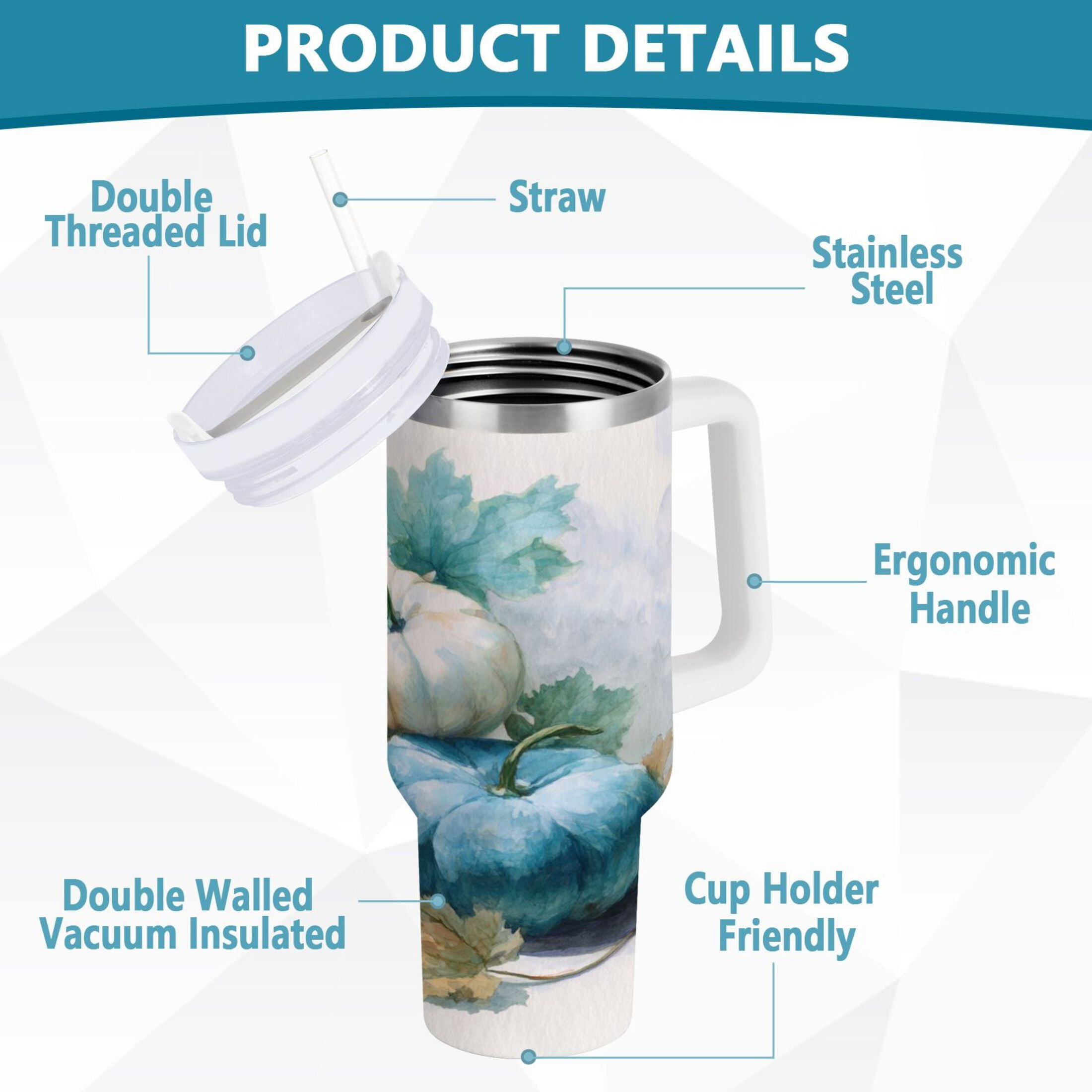 40 oz Insulated Stainless Steel Tumbler Double Wall Stainless Steel Tumbler with 2-Way Drinking Watercolor Pumpkins and Leaves M447P