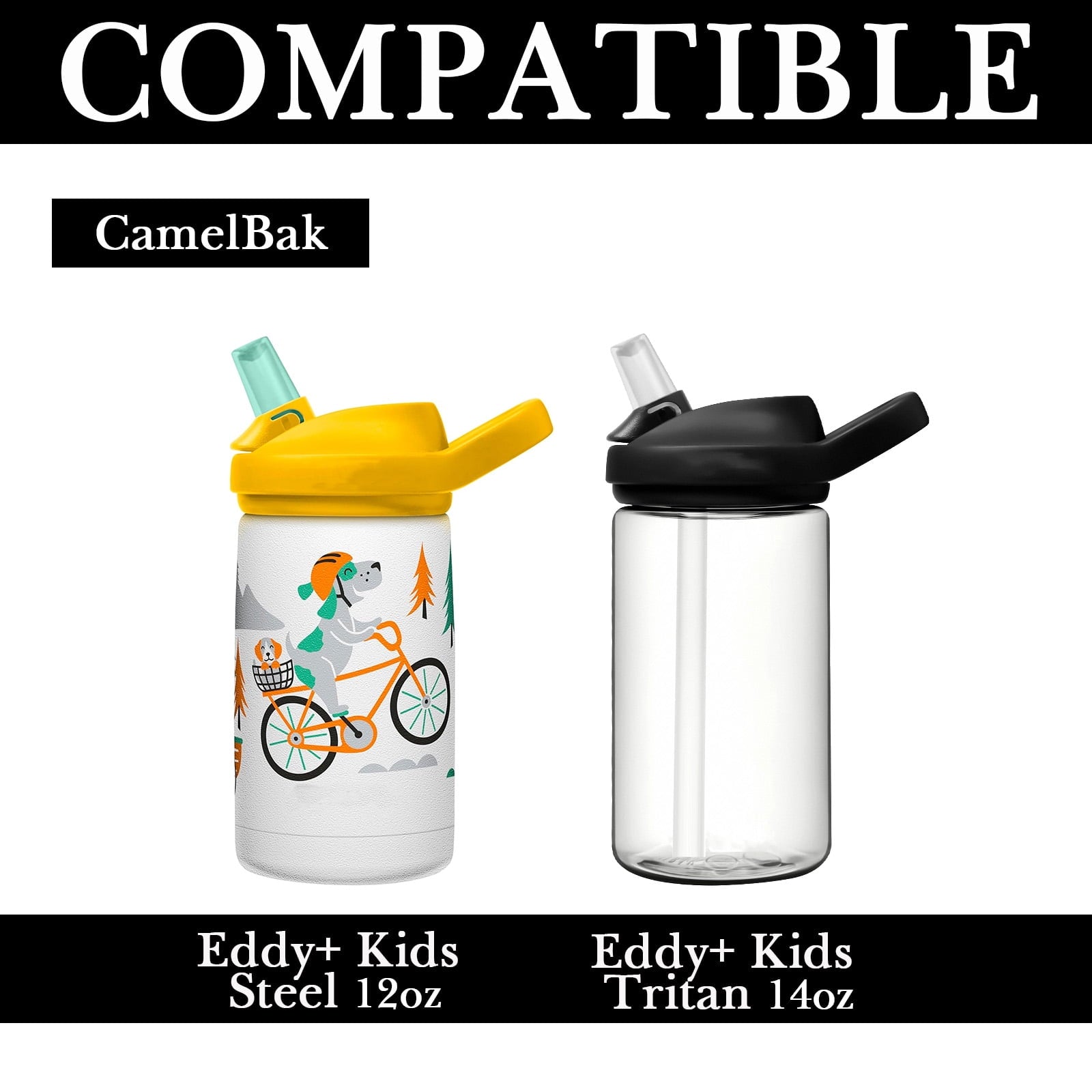 Linkidea Water Bottle Sleeve Compatible with CamelBak Eddy+ Tritan 14oz, Steel 12oz Kids Bottle, Waterbottle Holder Bag with Name Tag, Black M386Q