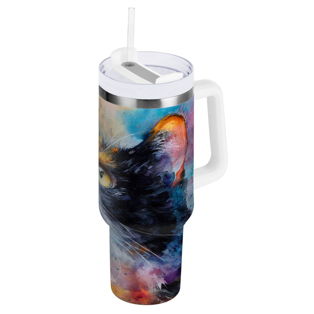30 oz Insulated Stainless Steel Tumbler Double Wall Stainless Steel Tumbler with 2-Way Drinking Watercolor Calico Cat M465L