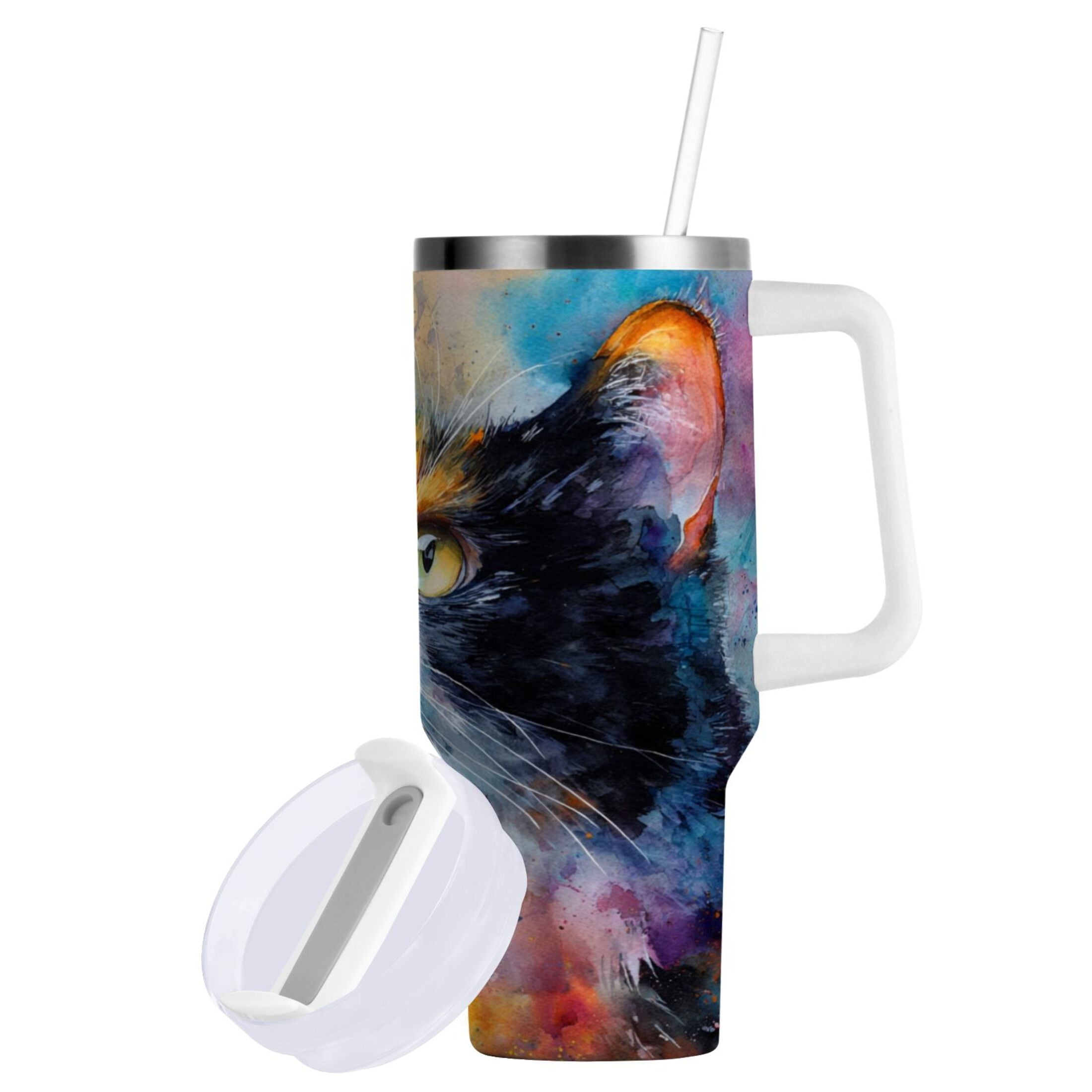 30 oz Insulated Stainless Steel Tumbler Double Wall Stainless Steel Tumbler with 2-Way Drinking Watercolor Calico Cat M465L