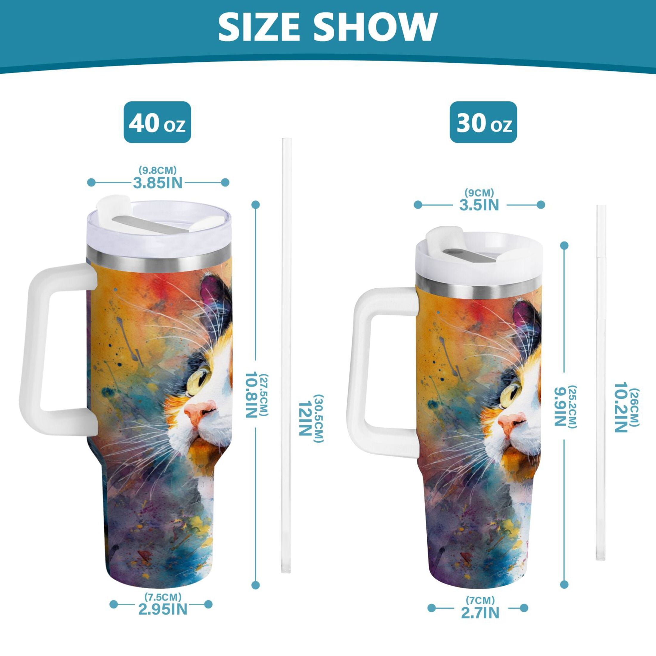30 oz Insulated Stainless Steel Tumbler Double Wall Stainless Steel Tumbler with 2-Way Drinking Watercolor Calico Cat M465L