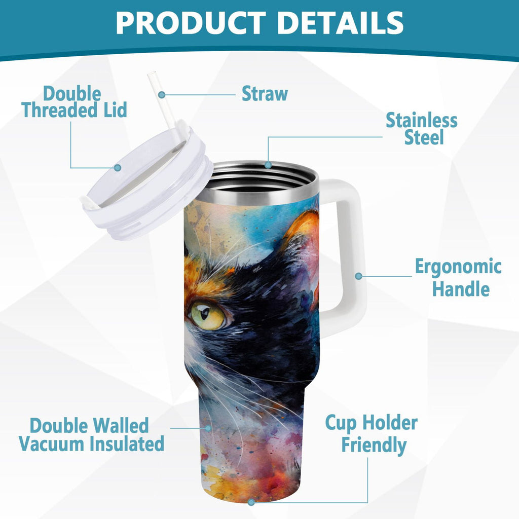 30 oz Insulated Stainless Steel Tumbler Double Wall Stainless Steel Tumbler with 2-Way Drinking Watercolor Calico Cat M465L