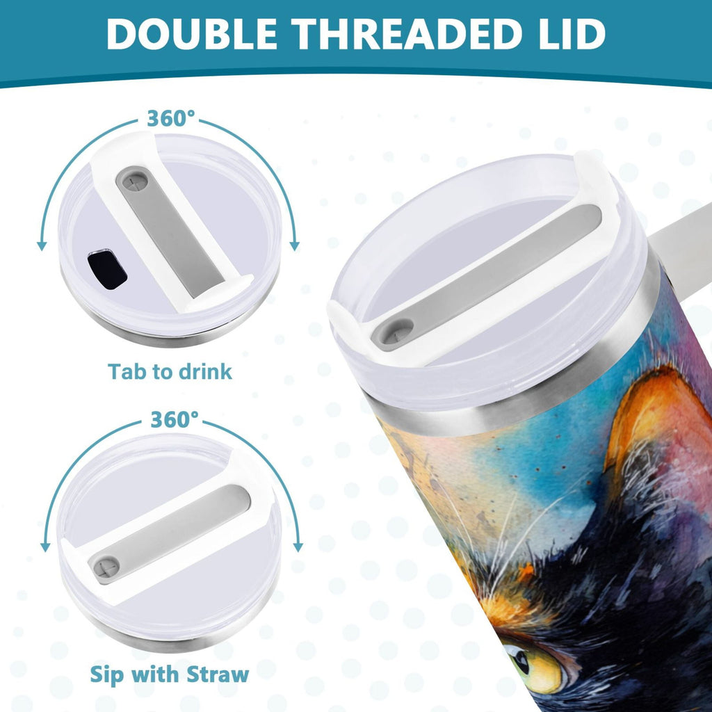 30 oz Insulated Stainless Steel Tumbler Double Wall Stainless Steel Tumbler with 2-Way Drinking Watercolor Calico Cat M465L