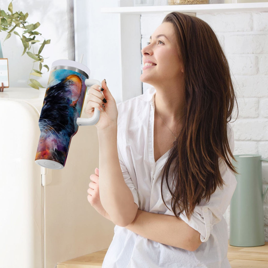 30 oz Insulated Stainless Steel Tumbler Double Wall Stainless Steel Tumbler with 2-Way Drinking Watercolor Calico Cat M465L
