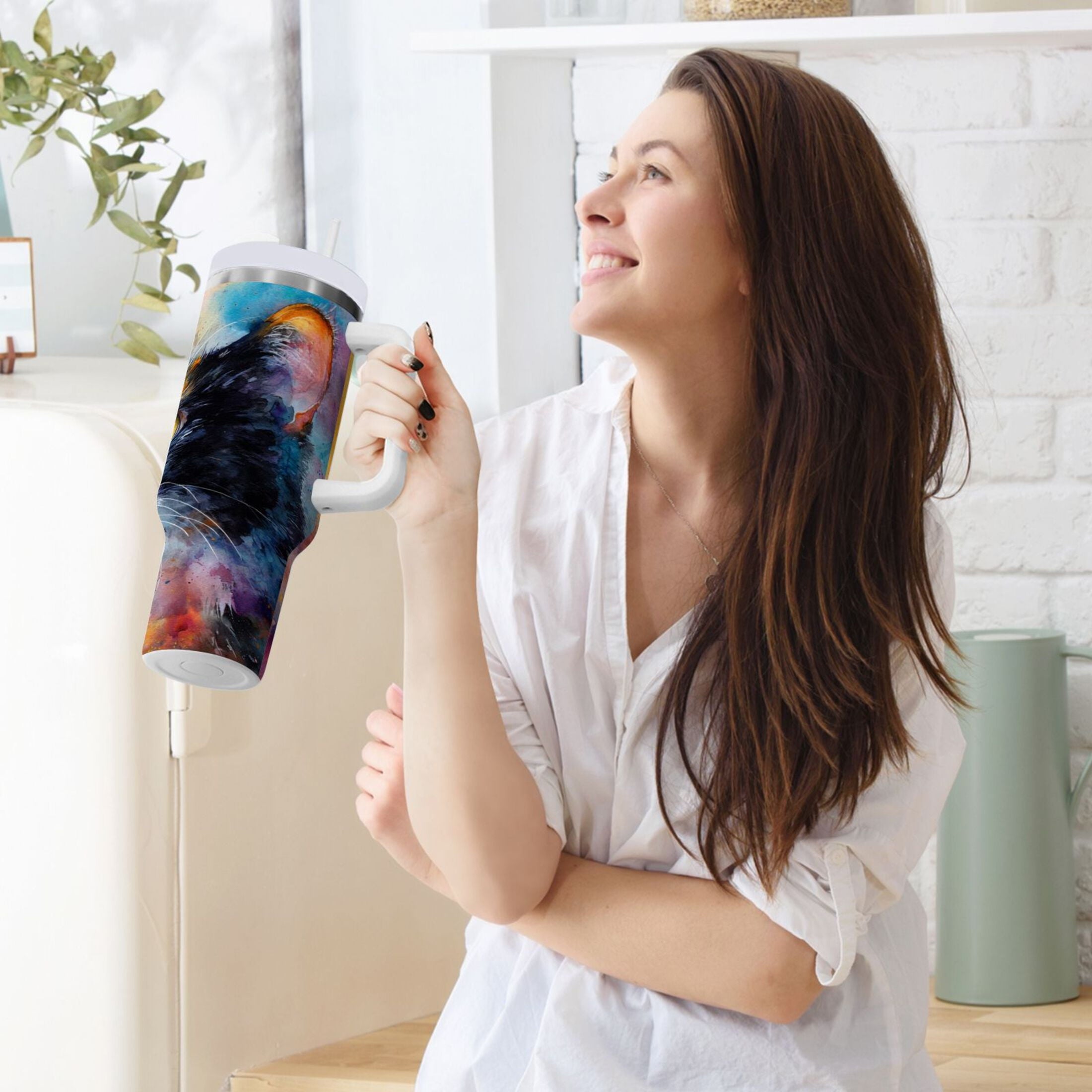 30 oz Insulated Stainless Steel Tumbler Double Wall Stainless Steel Tumbler with 2-Way Drinking Watercolor Calico Cat M465L