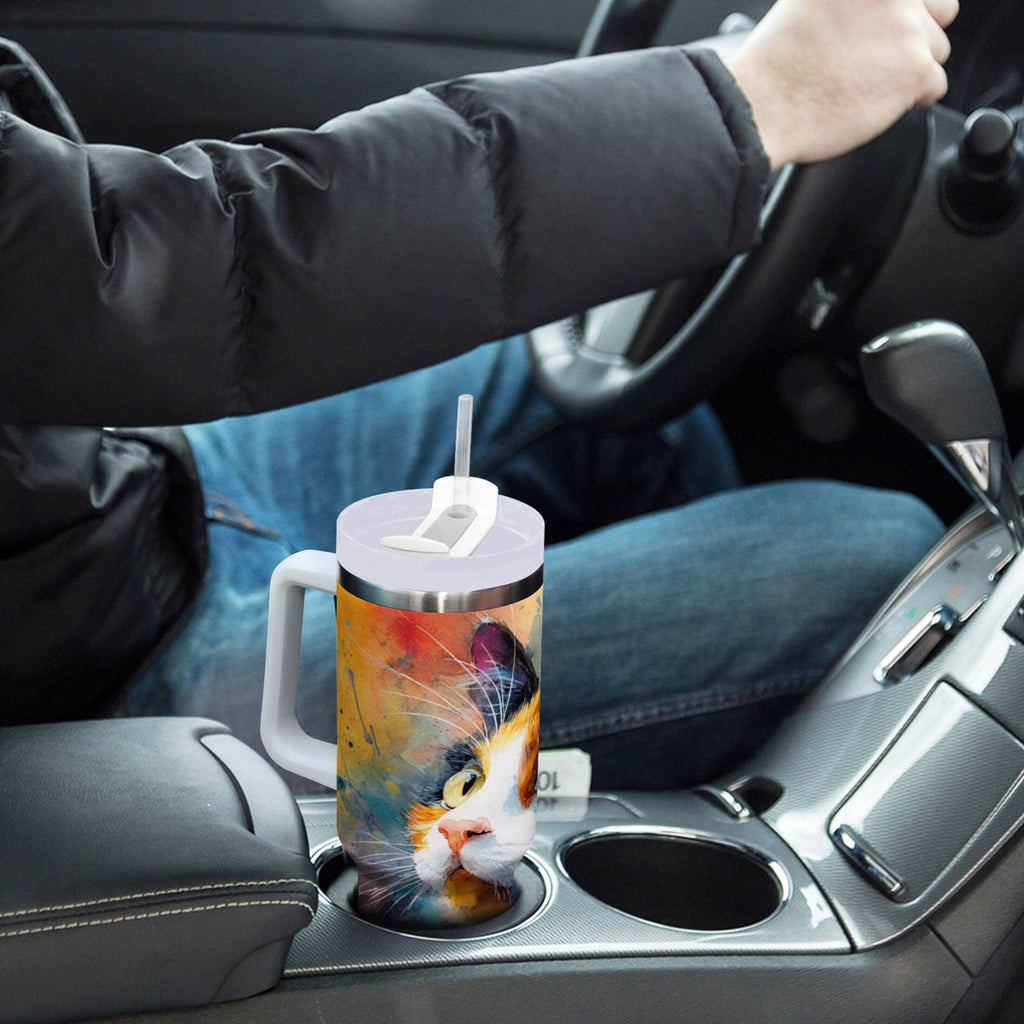 30 oz Insulated Stainless Steel Tumbler Double Wall Stainless Steel Tumbler with 2-Way Drinking Watercolor Calico Cat M465L