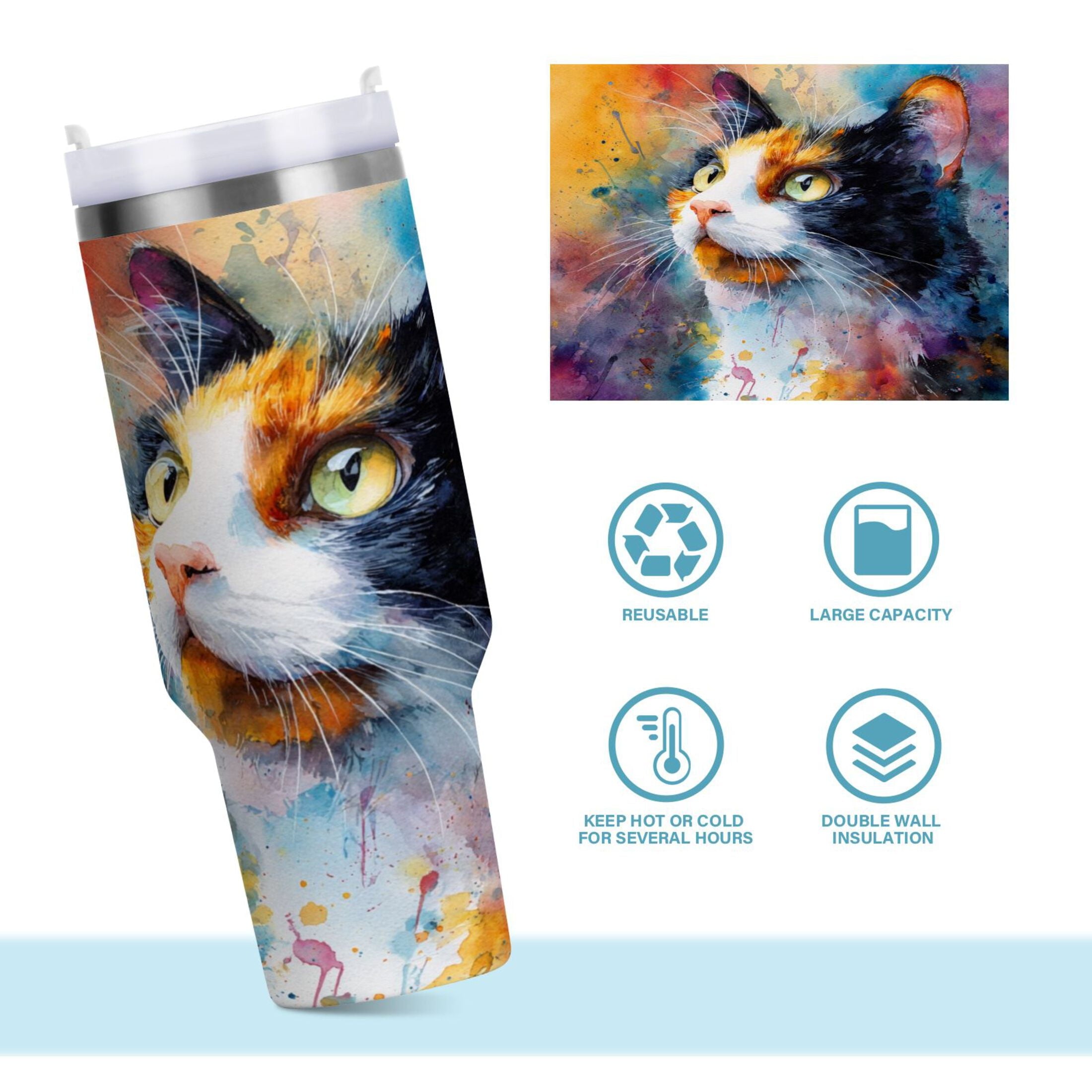 30 oz Insulated Stainless Steel Tumbler Double Wall Stainless Steel Tumbler with 2-Way Drinking Watercolor Calico Cat M465L
