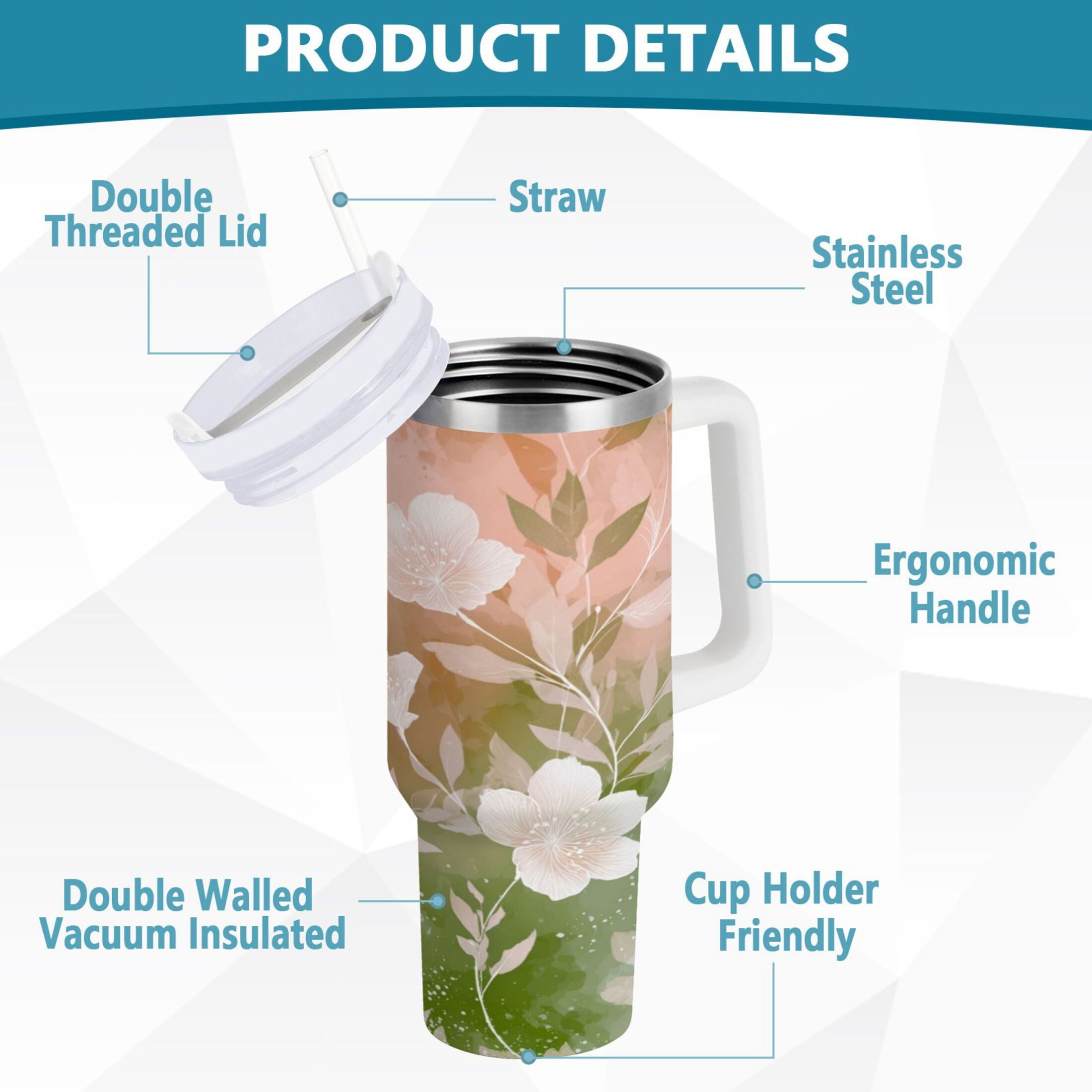 30 oz Insulated Stainless Steel Tumbler Double Wall Stainless Steel Tumbler with 2-Way Drinking Gradient Elegant Floral M471X