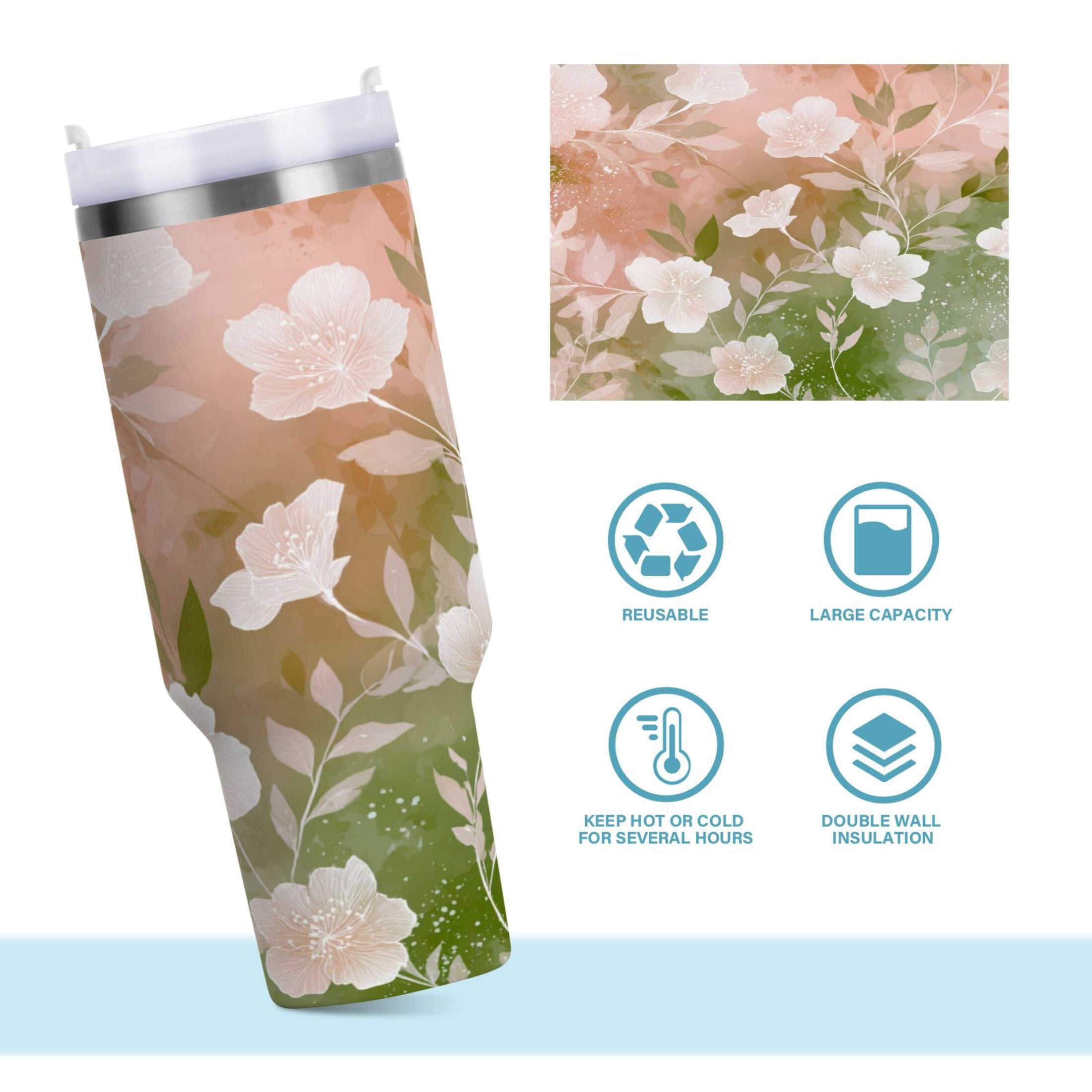 30 oz Insulated Stainless Steel Tumbler Double Wall Stainless Steel Tumbler with 2-Way Drinking Gradient Elegant Floral M471X
