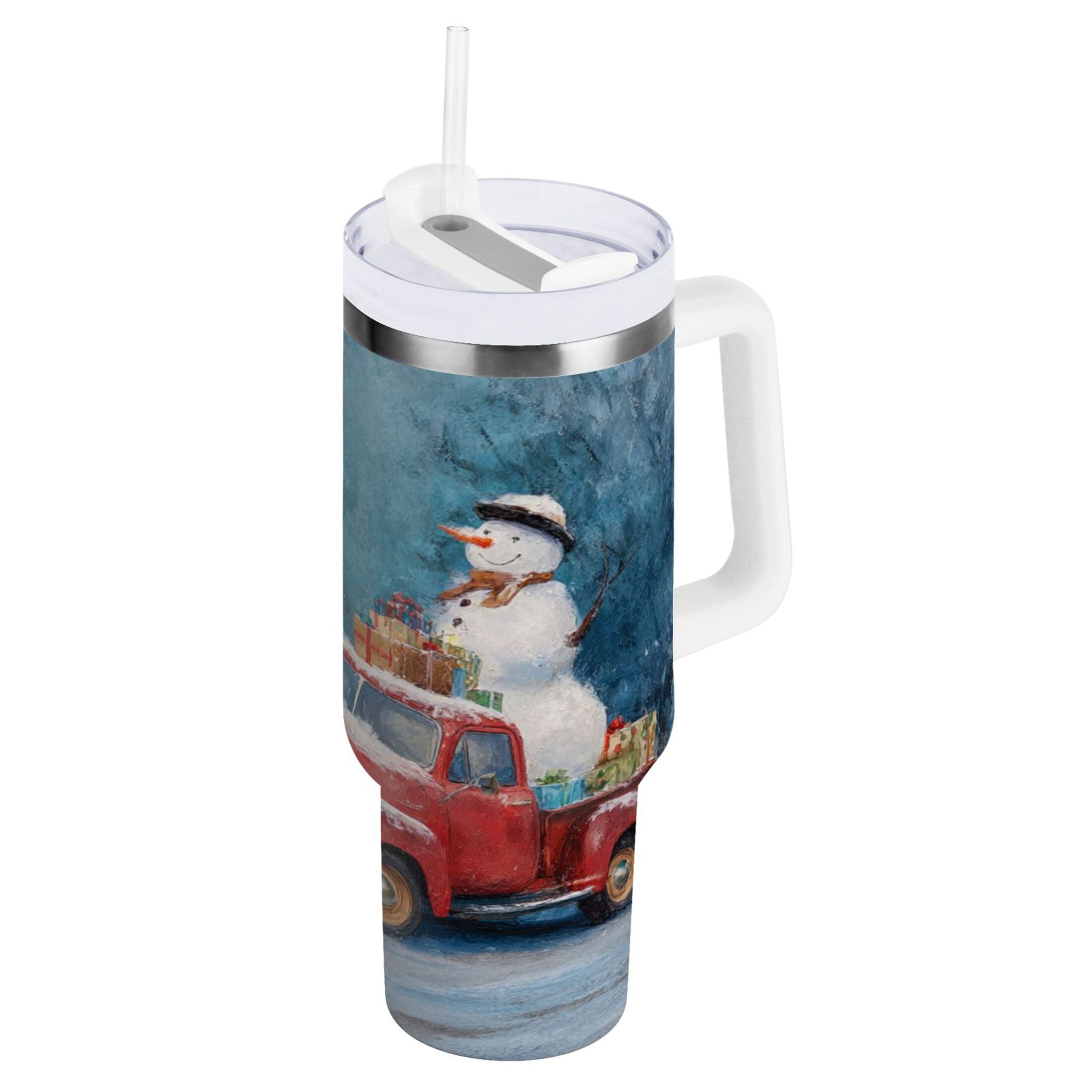 40 oz Insulated Stainless Steel Tumbler Double Wall Stainless Steel Tumbler with 2-Way Drinking Christmas Snowman in A Red Truck M435C