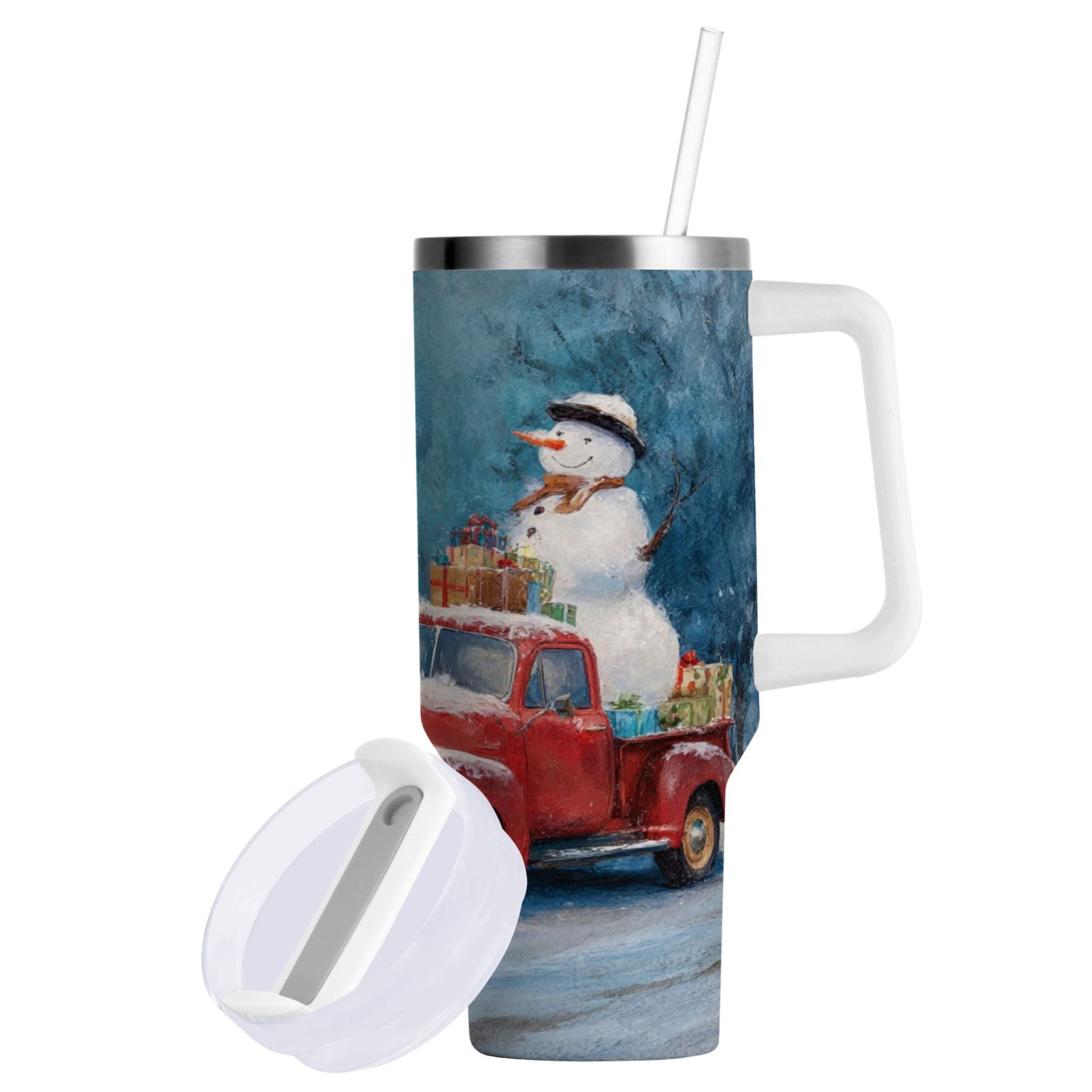 40 oz Insulated Stainless Steel Tumbler Double Wall Stainless Steel Tumbler with 2-Way Drinking Christmas Snowman in A Red Truck M435C