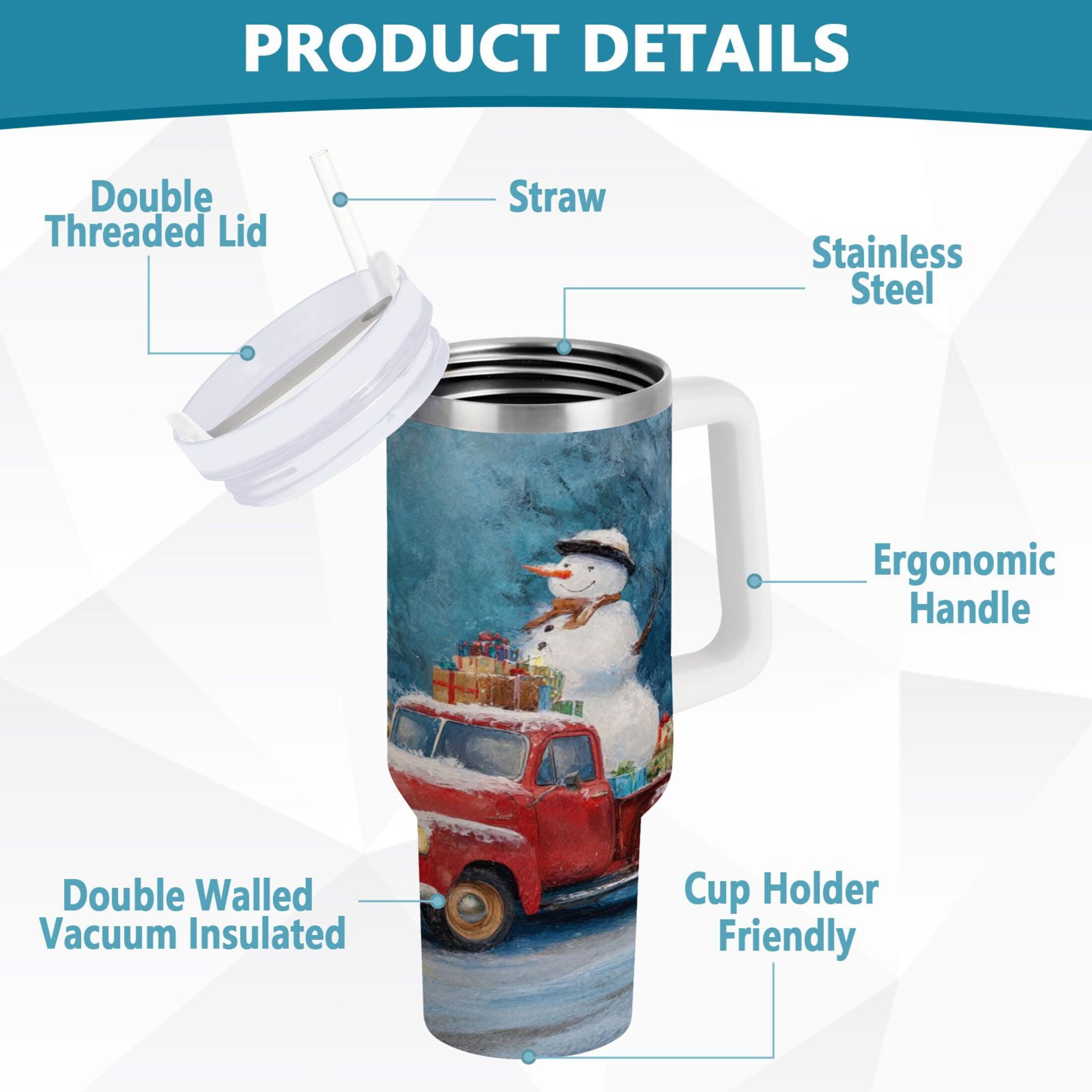 40 oz Insulated Stainless Steel Tumbler Double Wall Stainless Steel Tumbler with 2-Way Drinking Christmas Snowman in A Red Truck M435C