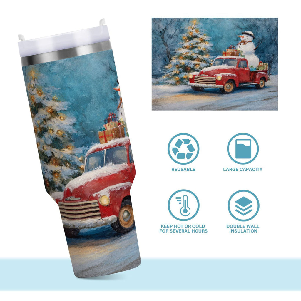 40 oz Insulated Stainless Steel Tumbler Double Wall Stainless Steel Tumbler with 2-Way Drinking Christmas Snowman in A Red Truck M435C