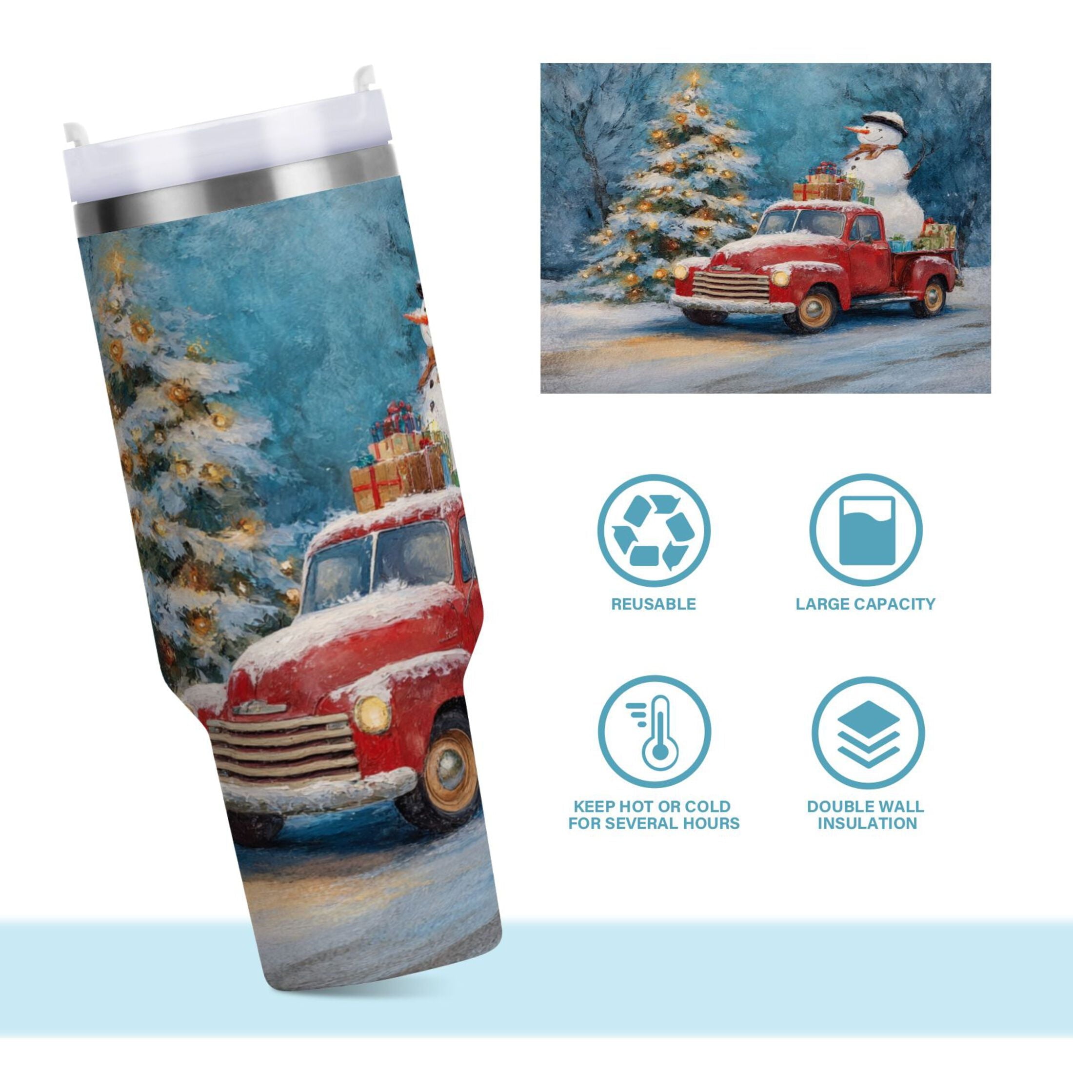 40 oz Insulated Stainless Steel Tumbler Double Wall Stainless Steel Tumbler with 2-Way Drinking Christmas Snowman in A Red Truck M435C