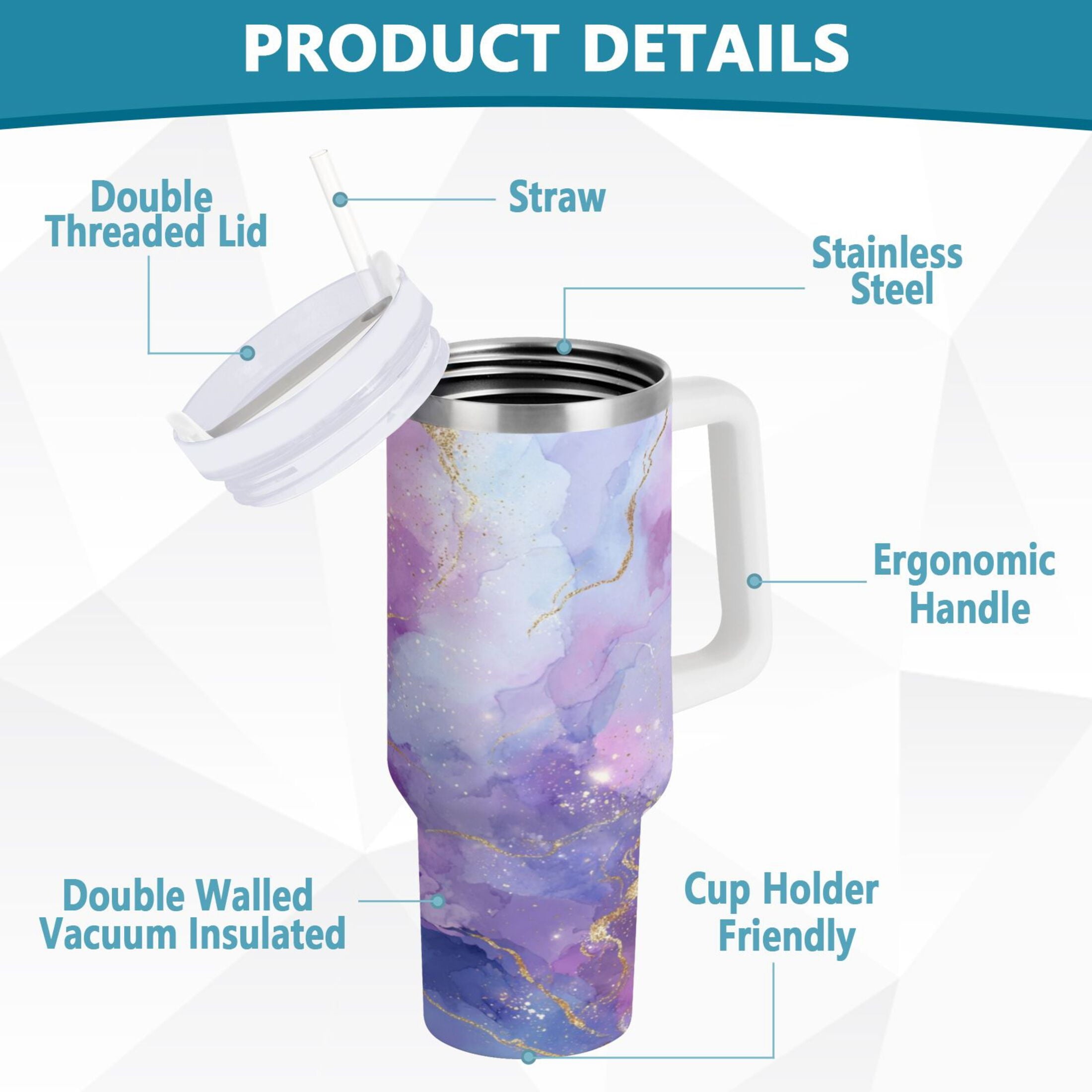40 oz Insulated Stainless Steel Tumbler Double Wall Stainless Steel Tumbler with 2-Way Drinking Pink and Blue Marble Texture M490V