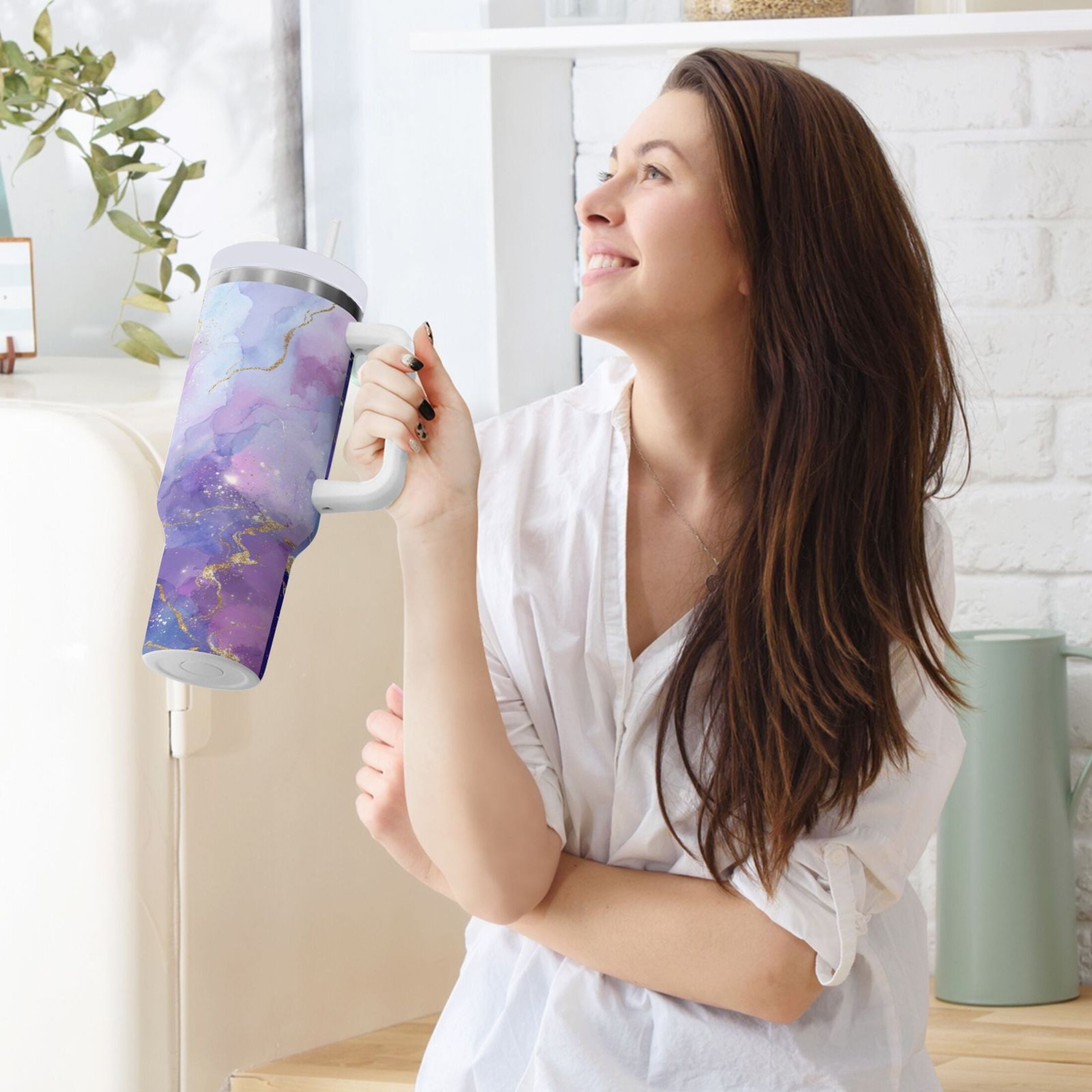 40 oz Insulated Stainless Steel Tumbler Double Wall Stainless Steel Tumbler with 2-Way Drinking Pink and Blue Marble Texture M490V