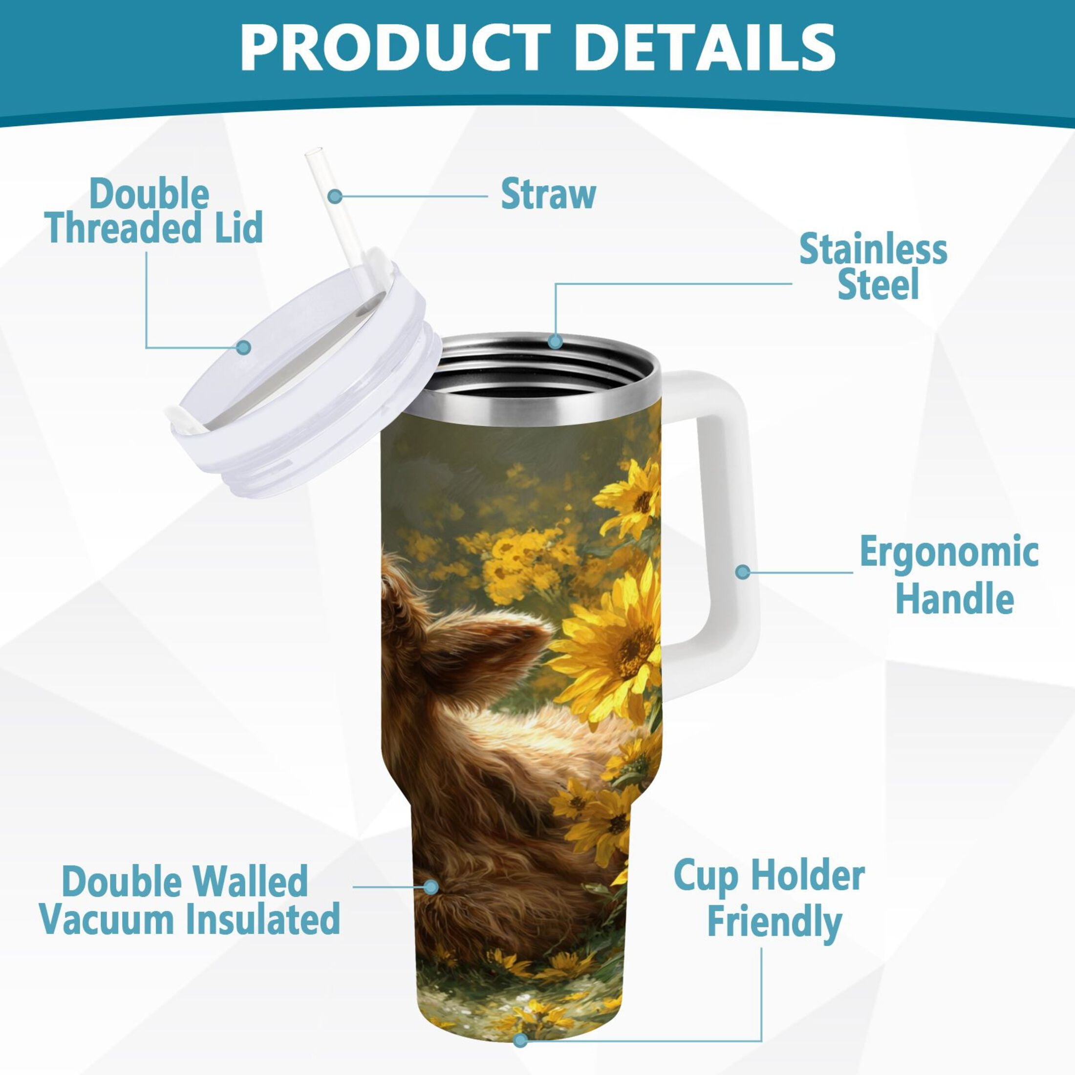 40 oz Insulated Stainless Steel Tumbler Double Wall Stainless Steel Tumbler with 2-Way Drinking Cow Lying in Sunflowers M665W