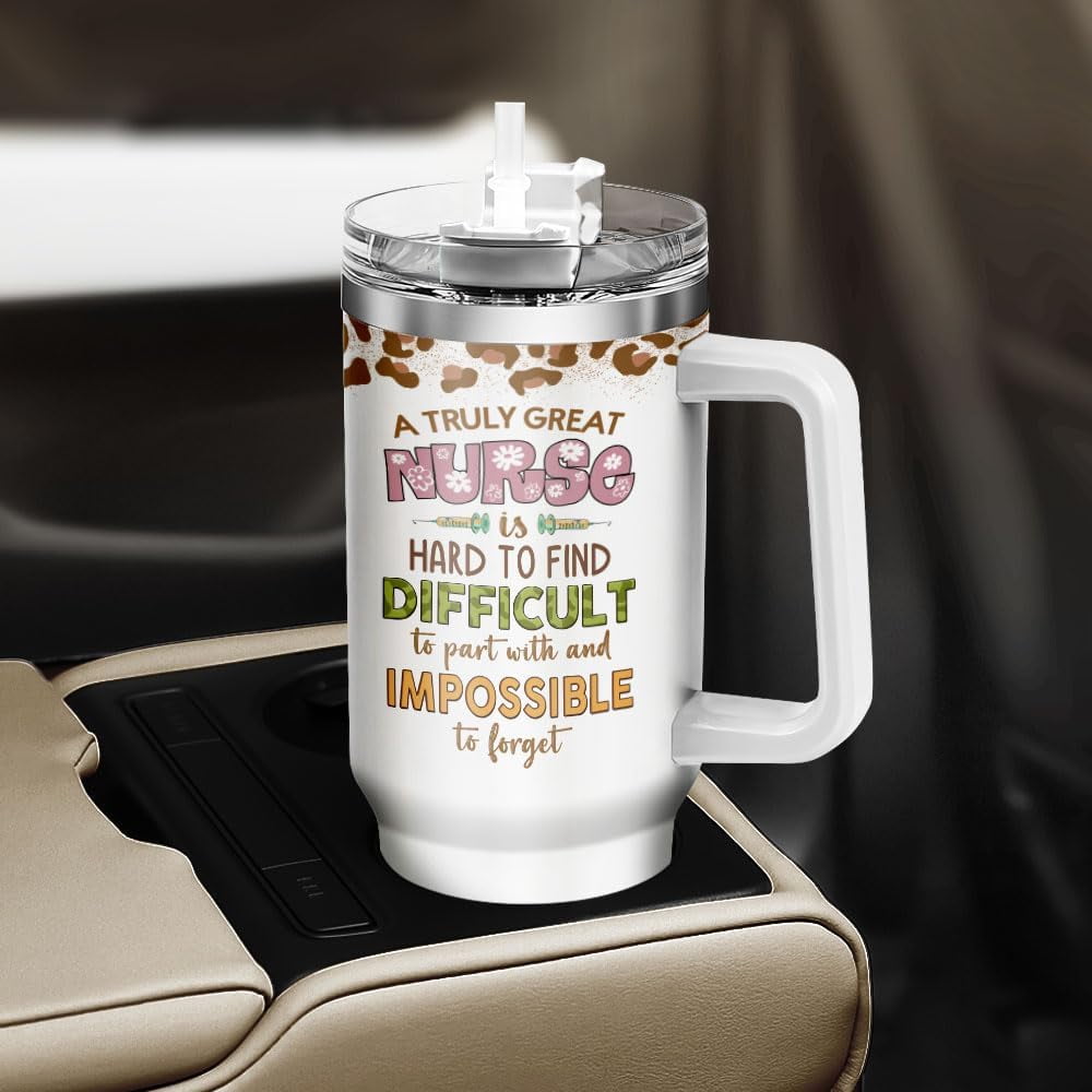 Tumbler 40 Oz With Handle Lid And Straw, Nurse Gifts, Black Camo White Engraved Print Travel Nurses Tumblers Handle Funny Cups Nursing For, Great Nurse Rainbow Daisy Flower M683R