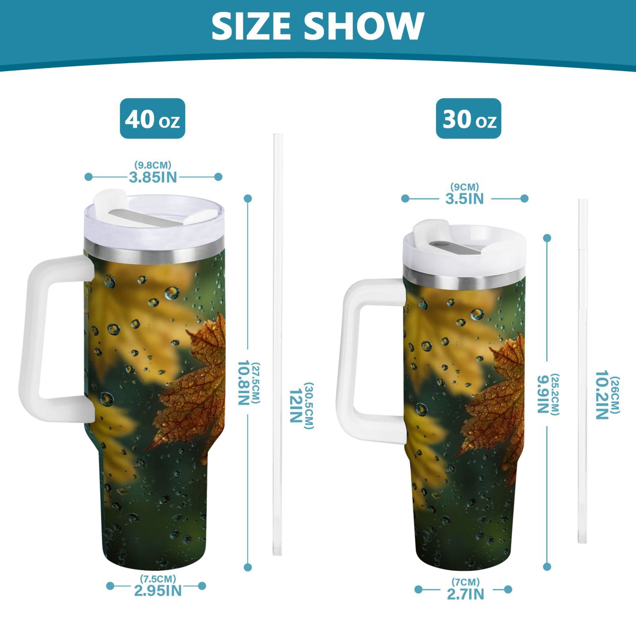 30 oz Insulated Stainless Steel Tumbler Double Wall Stainless Steel Tumbler with 2-Way Drinking Leaves with Water Droplets M500Q