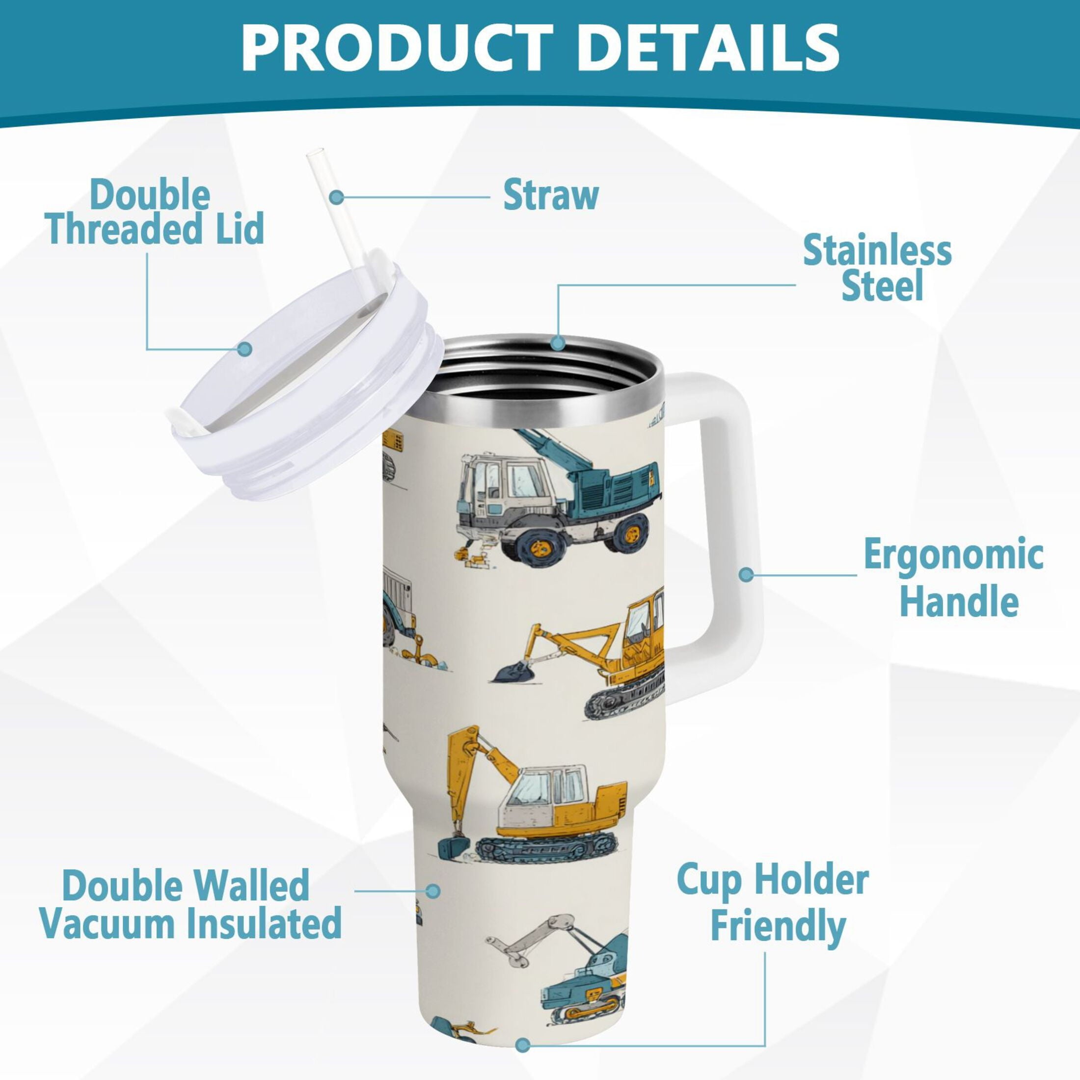 30 oz Insulated Stainless Steel Tumbler Double Wall Stainless Steel Tumbler with 2-Way Drinking Engineering Vehicle Pattern M653J
