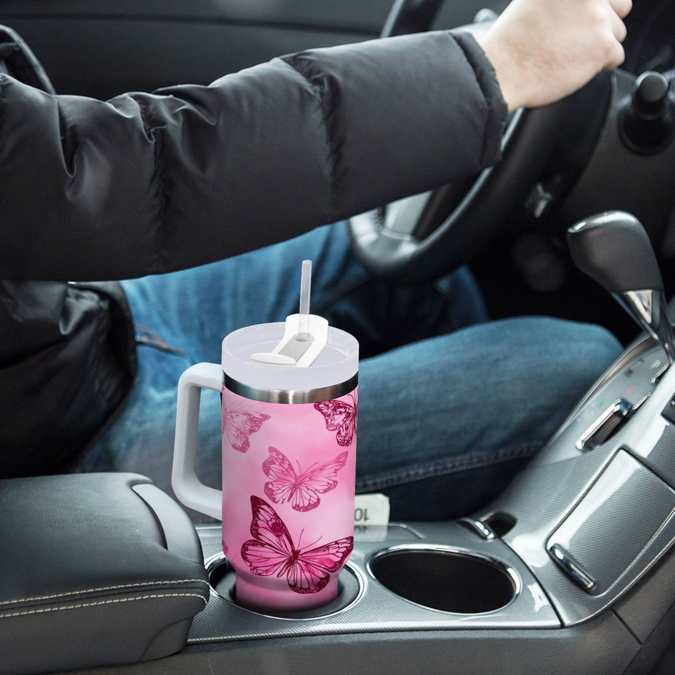 40 oz Insulated Stainless Steel Tumbler Double Wall Stainless Steel Tumbler with 2-Way Drinking Pink Butterfly Pattern M629F