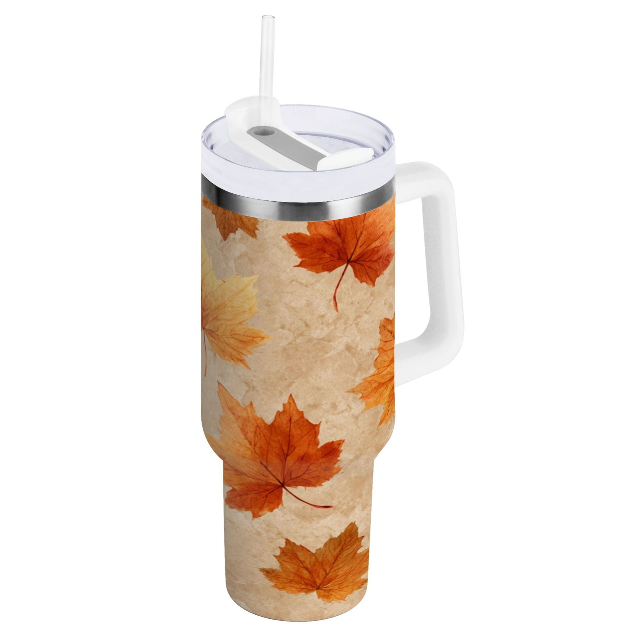 40 oz Insulated Stainless Steel Tumbler Double Wall Stainless Steel Tumbler with 2-Way Drinking Orange Autumn Leaves Pattern M478B