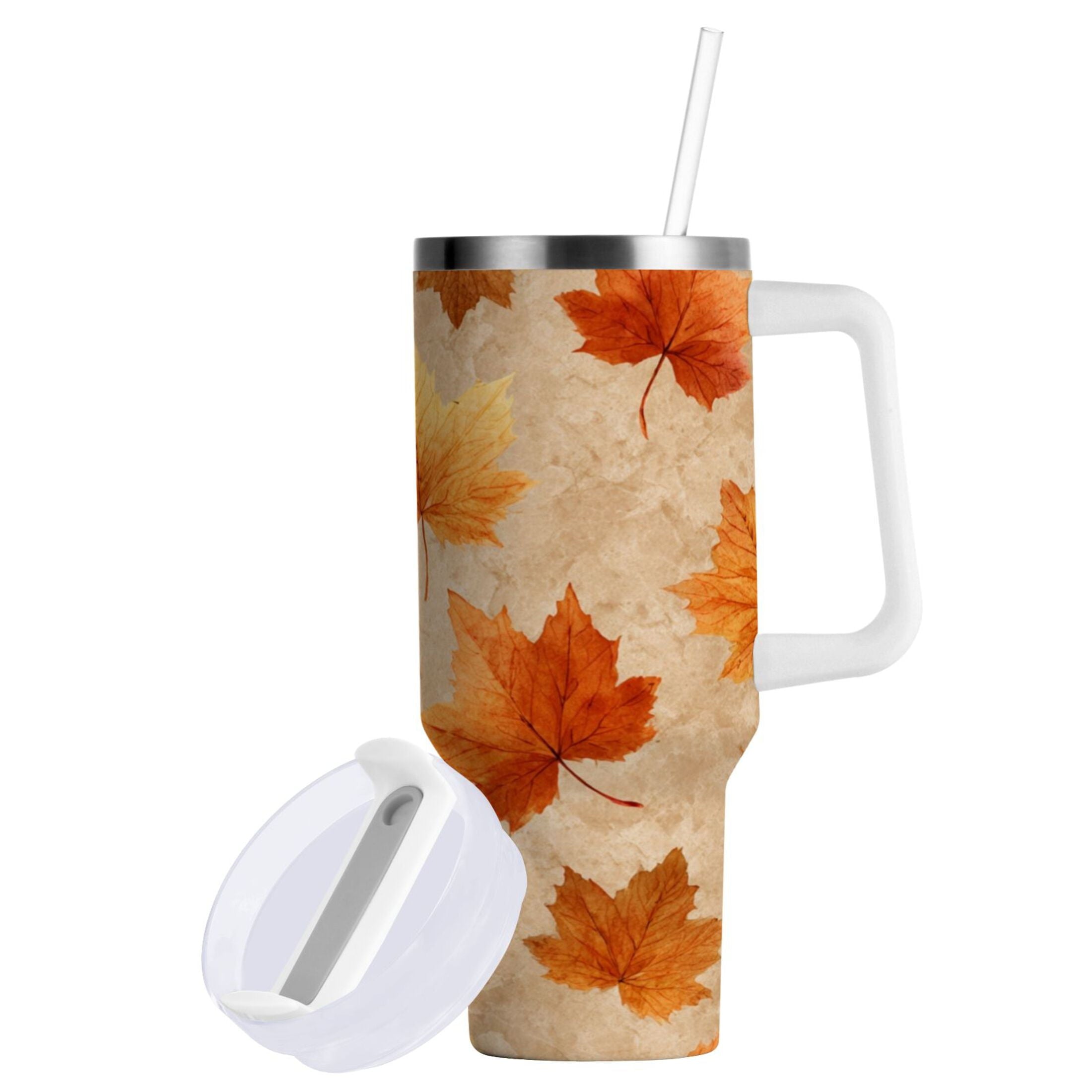 40 oz Insulated Stainless Steel Tumbler Double Wall Stainless Steel Tumbler with 2-Way Drinking Orange Autumn Leaves Pattern M478B