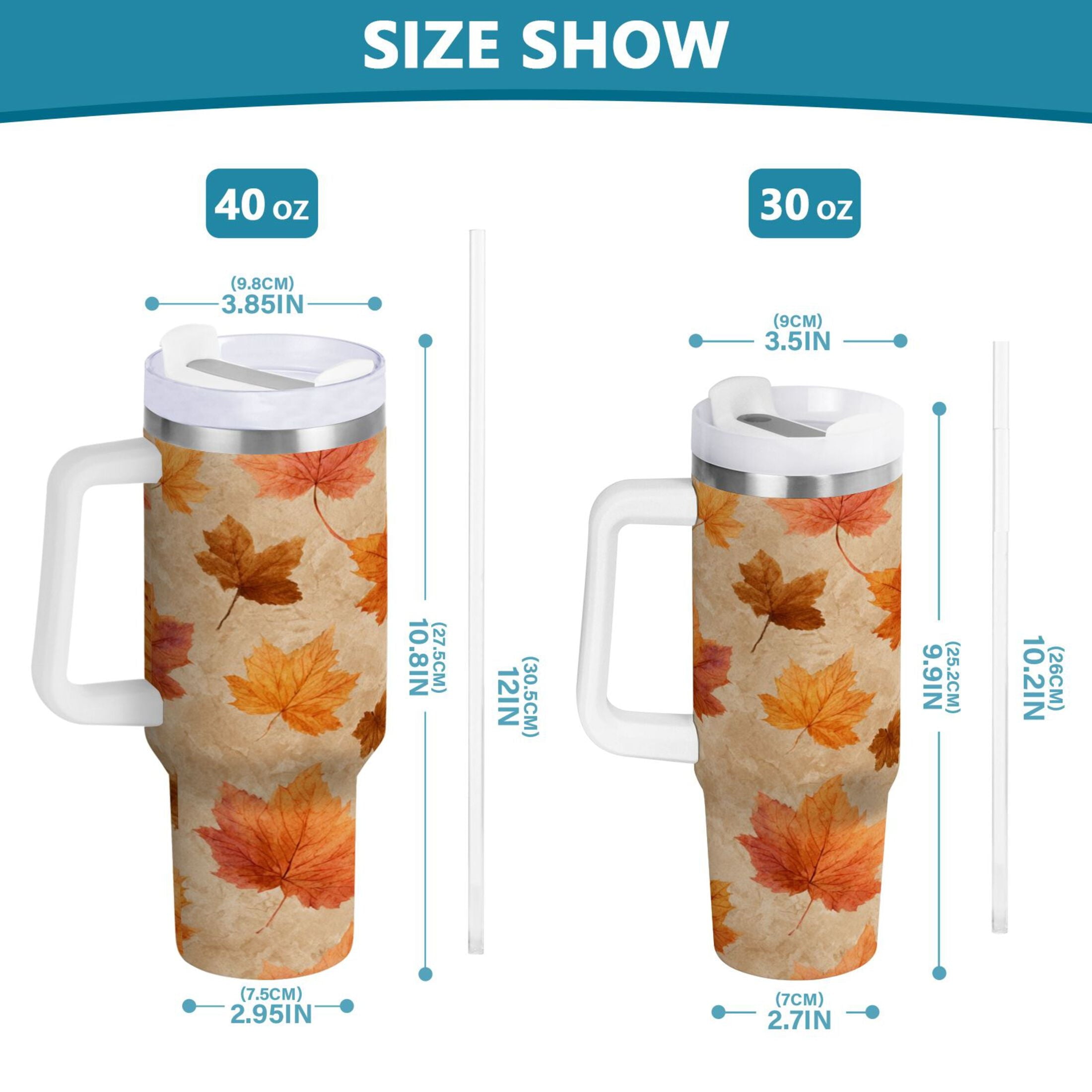 40 oz Insulated Stainless Steel Tumbler Double Wall Stainless Steel Tumbler with 2-Way Drinking Orange Autumn Leaves Pattern M478B