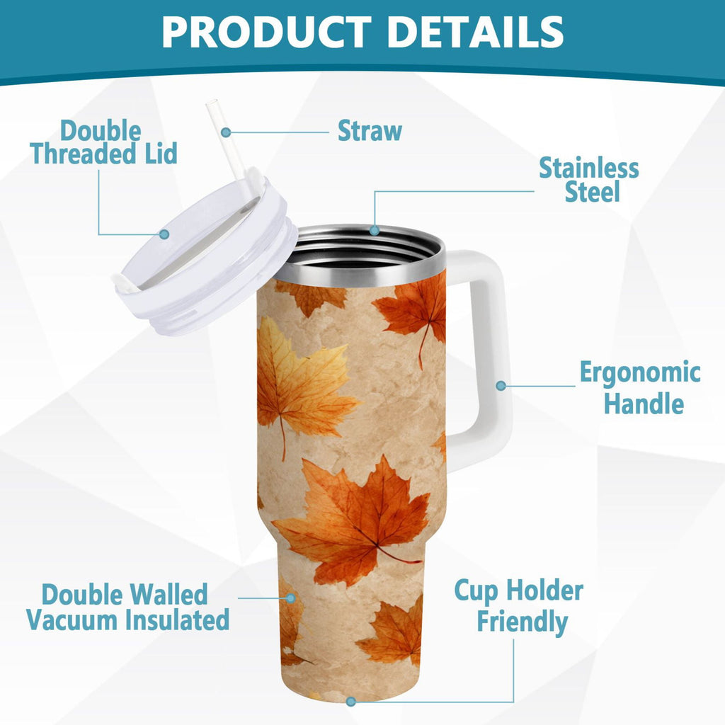 40 oz Insulated Stainless Steel Tumbler Double Wall Stainless Steel Tumbler with 2-Way Drinking Orange Autumn Leaves Pattern M478B