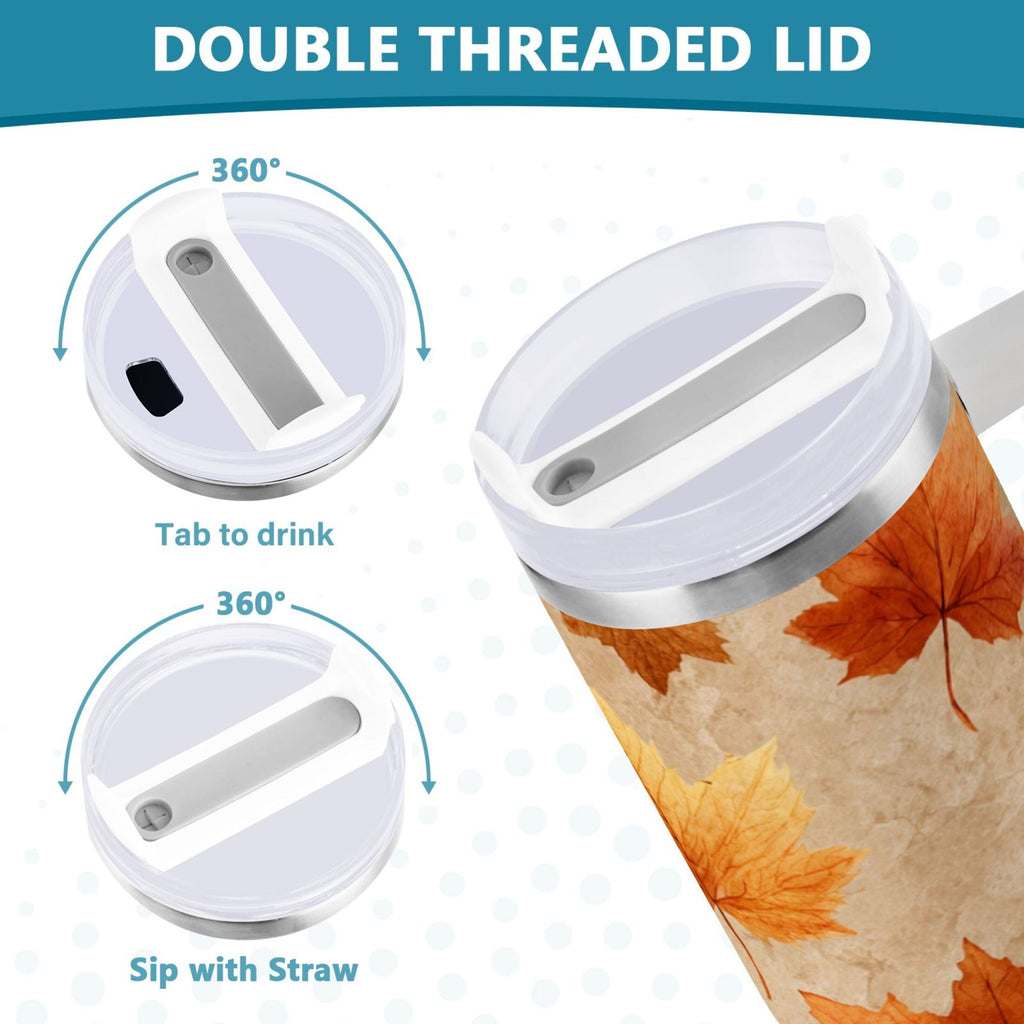 40 oz Insulated Stainless Steel Tumbler Double Wall Stainless Steel Tumbler with 2-Way Drinking Orange Autumn Leaves Pattern M478B