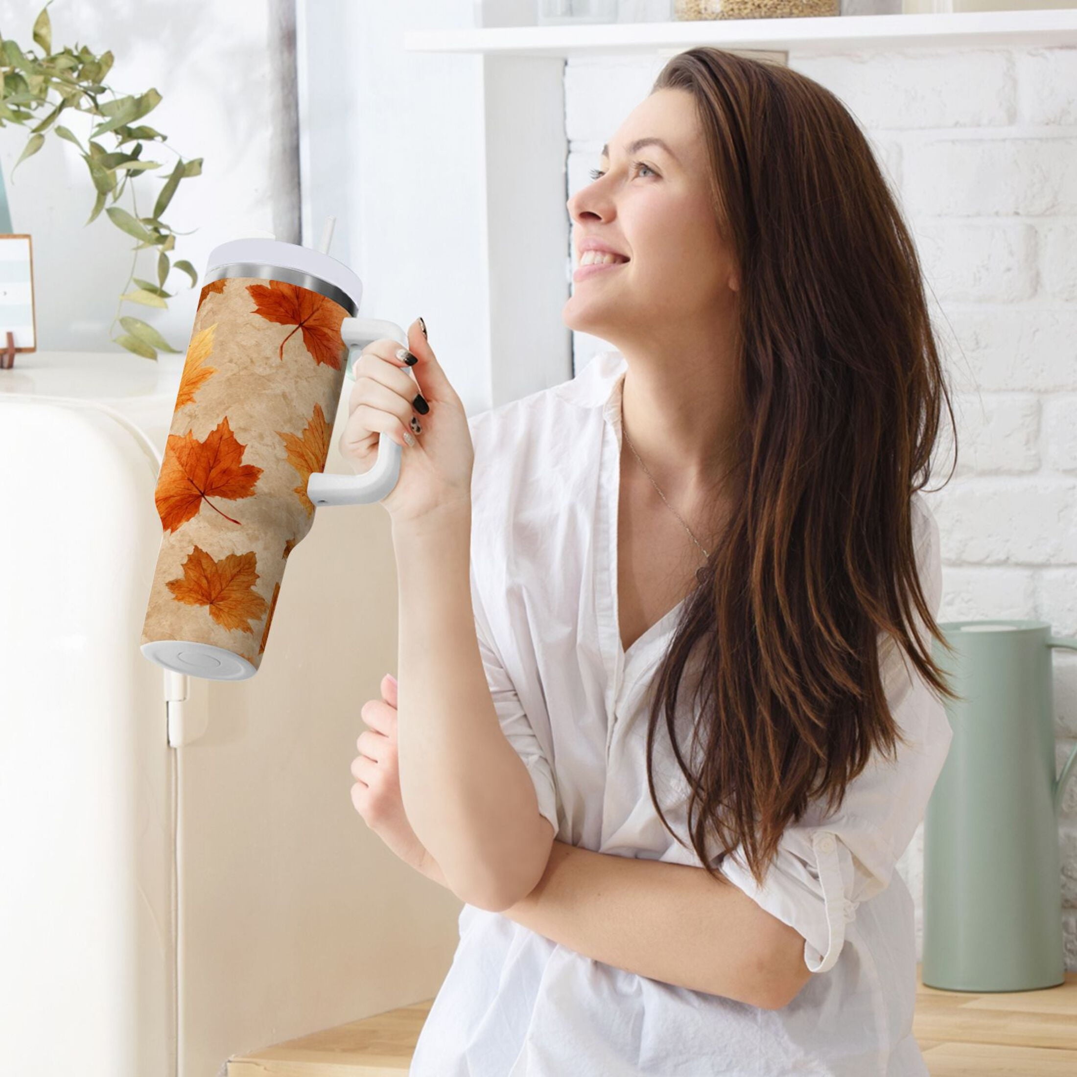 40 oz Insulated Stainless Steel Tumbler Double Wall Stainless Steel Tumbler with 2-Way Drinking Orange Autumn Leaves Pattern M478B