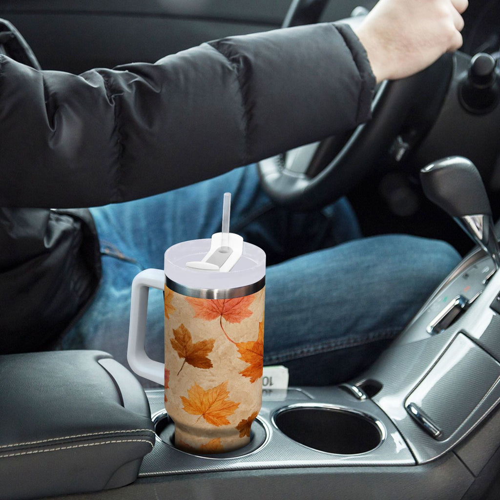 40 oz Insulated Stainless Steel Tumbler Double Wall Stainless Steel Tumbler with 2-Way Drinking Orange Autumn Leaves Pattern M478B