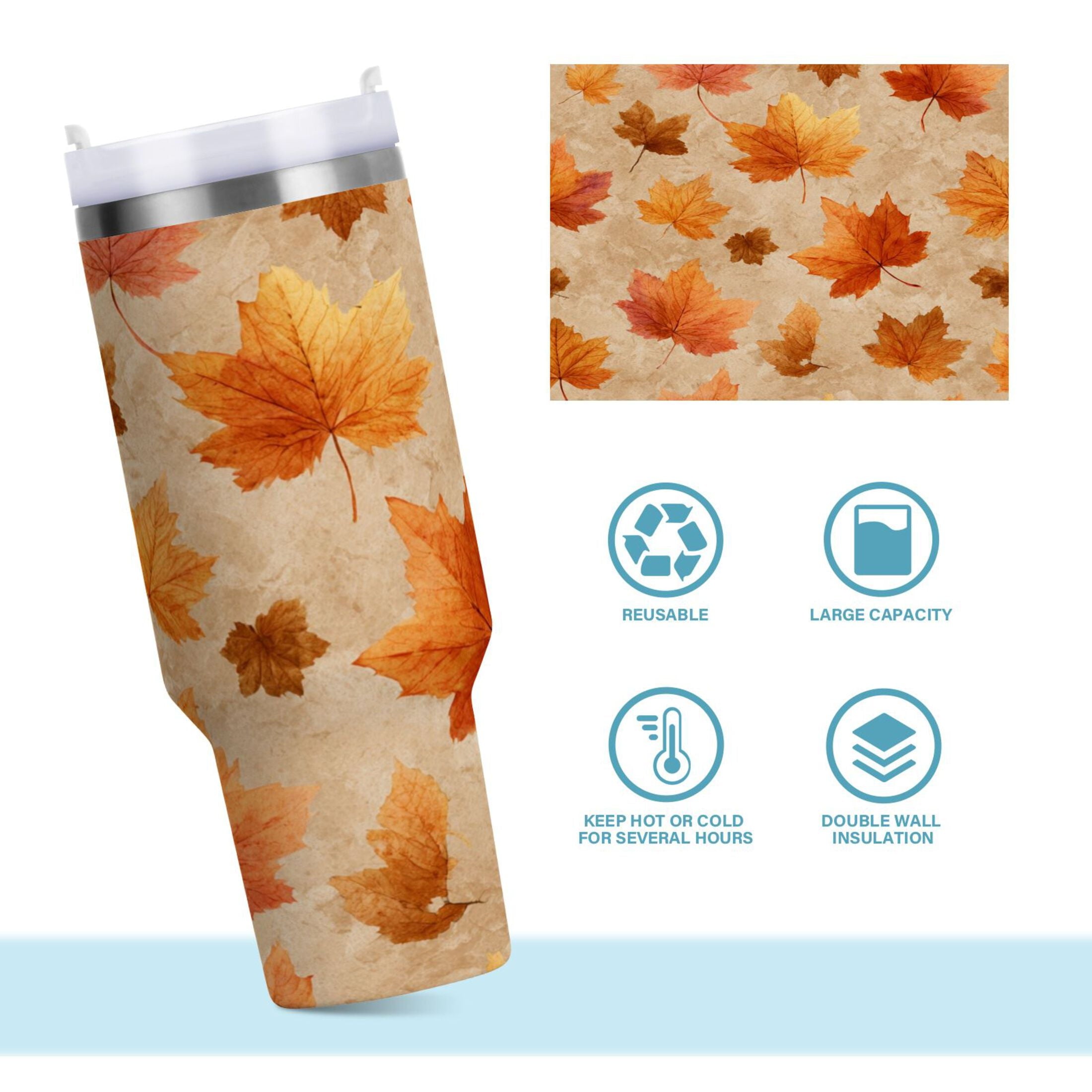 40 oz Insulated Stainless Steel Tumbler Double Wall Stainless Steel Tumbler with 2-Way Drinking Orange Autumn Leaves Pattern M478B