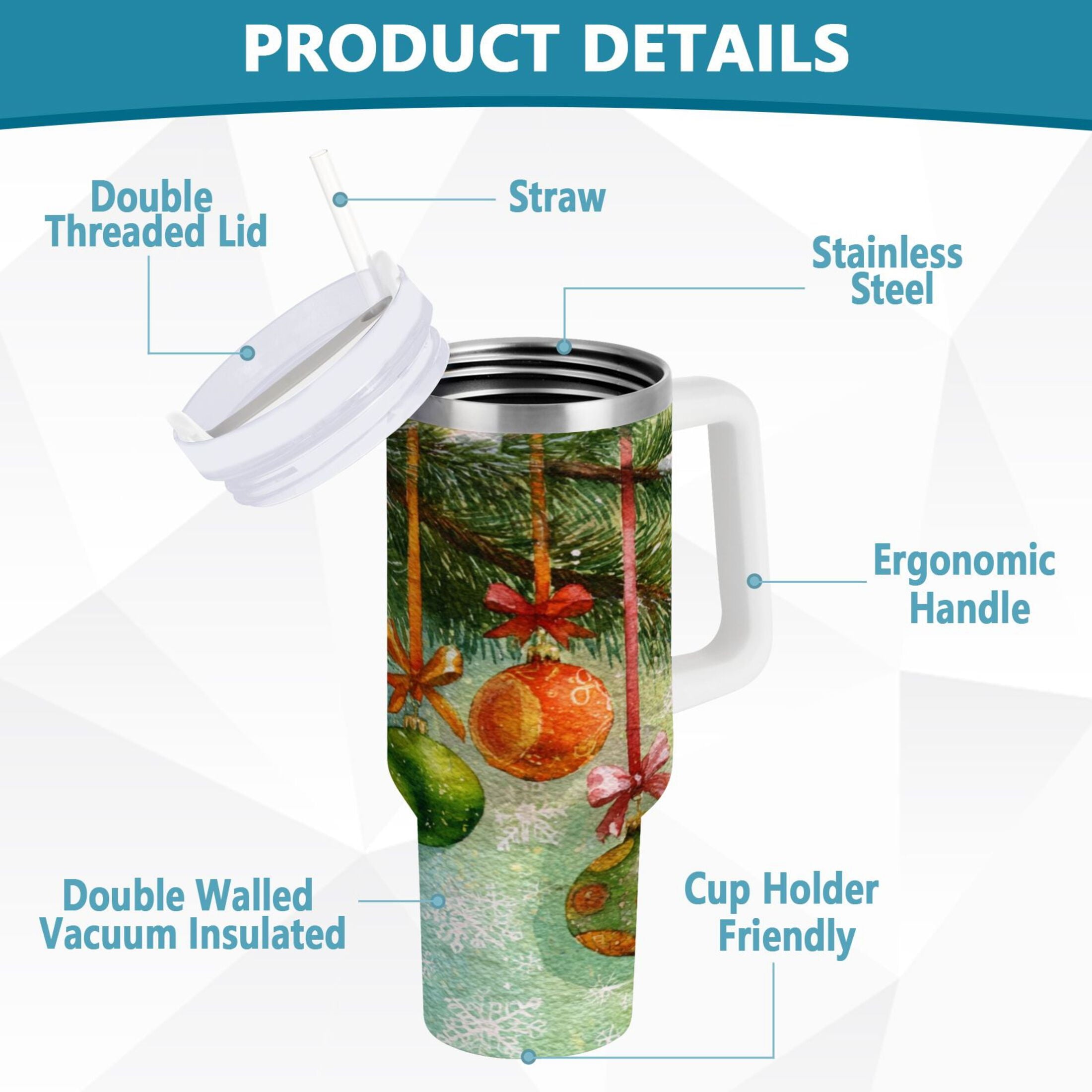30 oz Insulated Stainless Steel Tumbler Double Wall Stainless Steel Tumbler with 2-Way Drinking Christmas Ornaments Watercolor Painting M639D