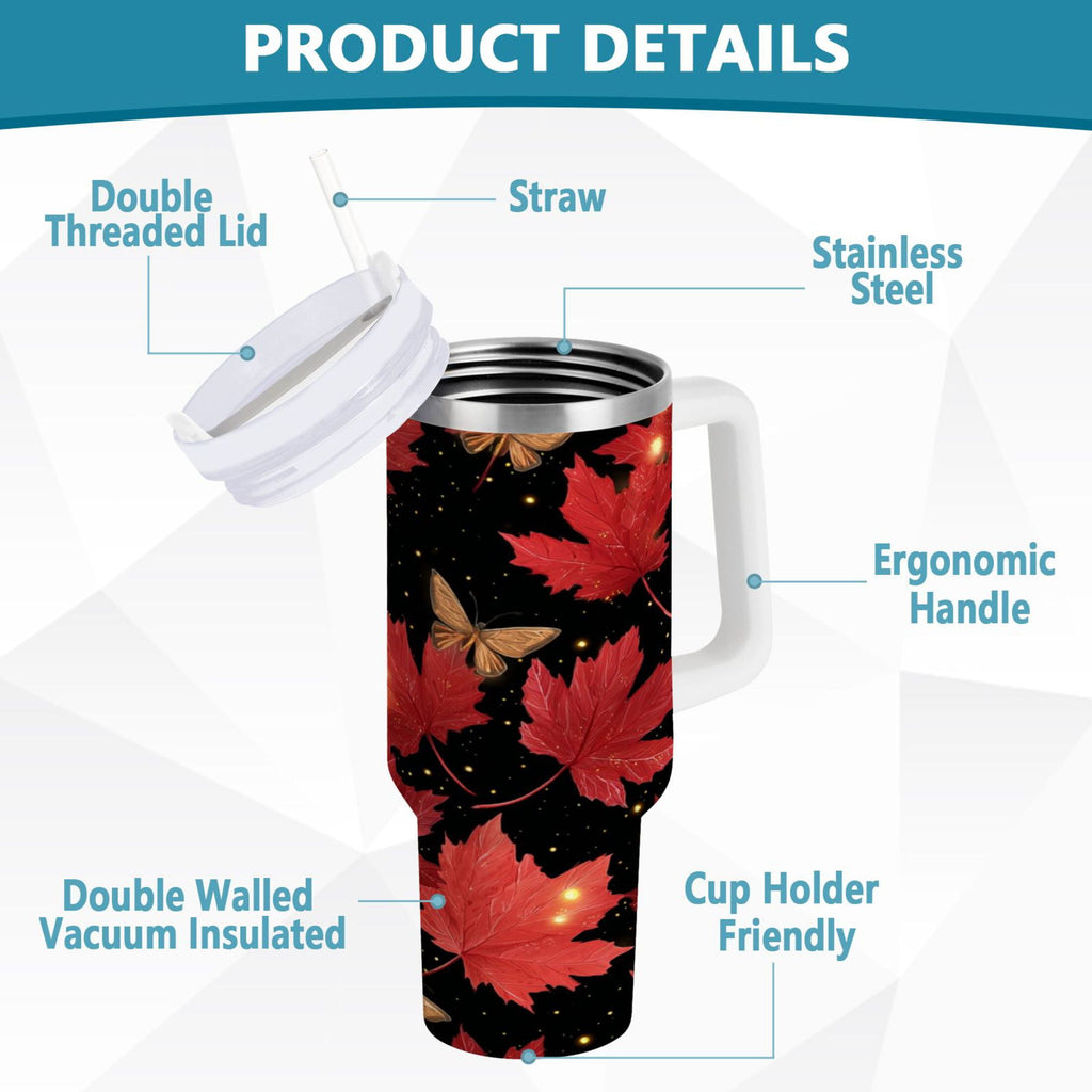 40 oz Insulated Stainless Steel Tumbler Double Wall Stainless Steel Tumbler with 2-Way Drinking Maple Leaves and Fireflies M516E