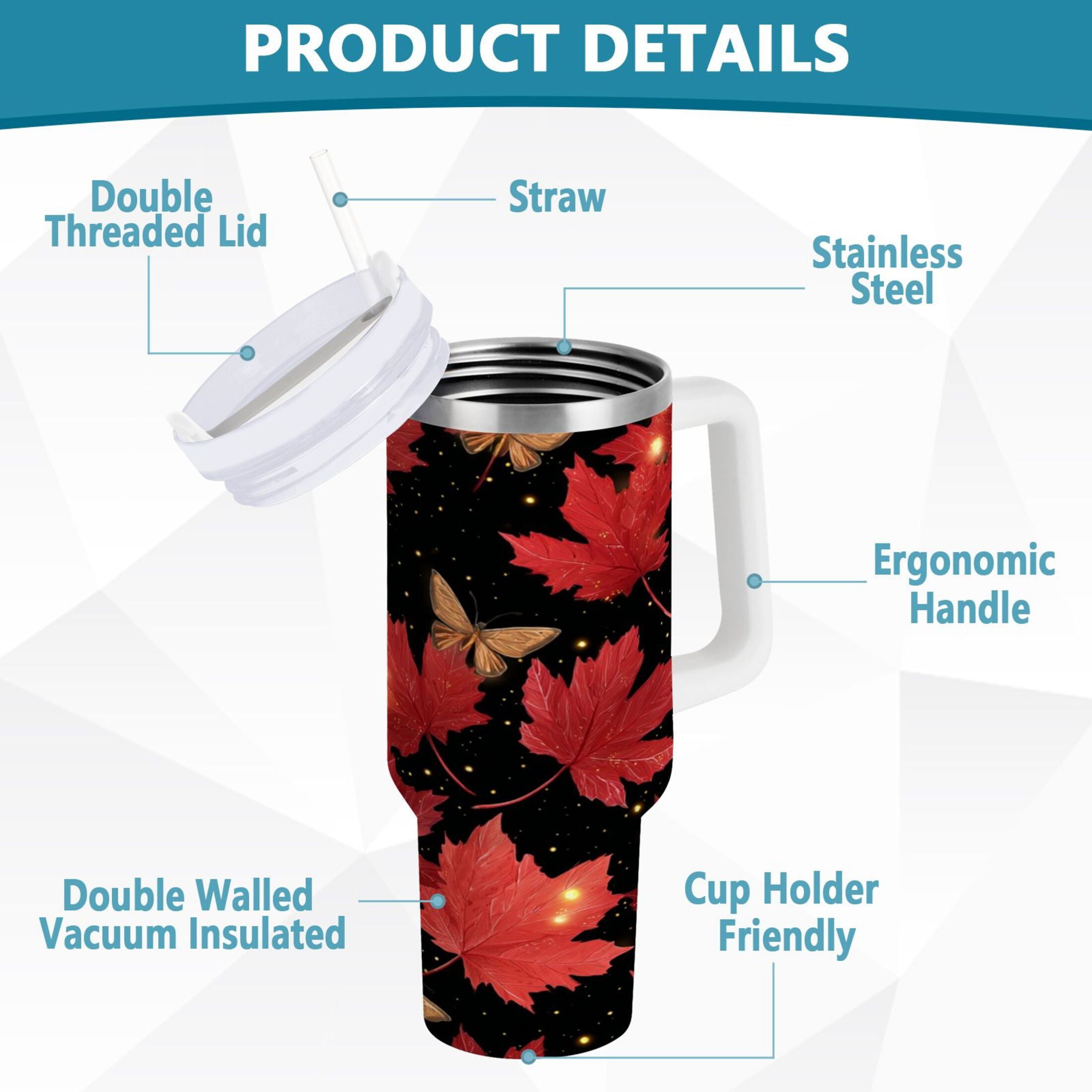 40 oz Insulated Stainless Steel Tumbler Double Wall Stainless Steel Tumbler with 2-Way Drinking Maple Leaves and Fireflies M516E