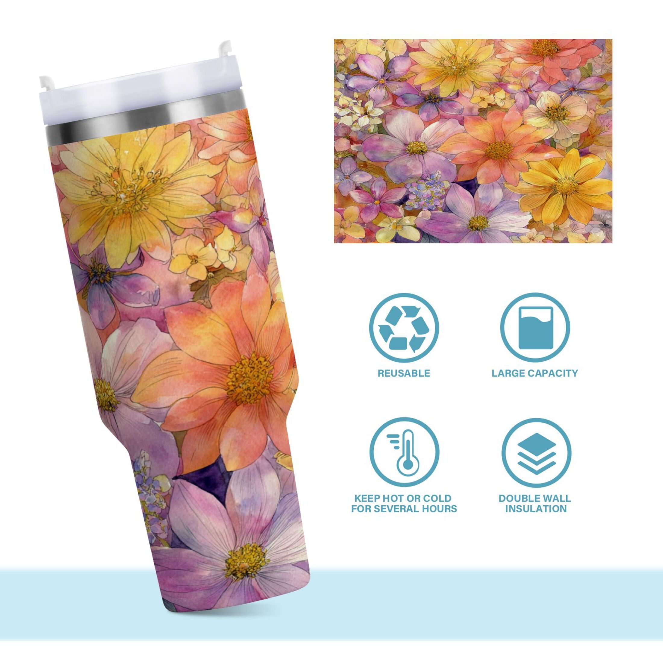 30 oz Insulated Stainless Steel Tumbler Double Wall Stainless Steel Tumbler with 2-Way Drinking Summer Blossoms M540T