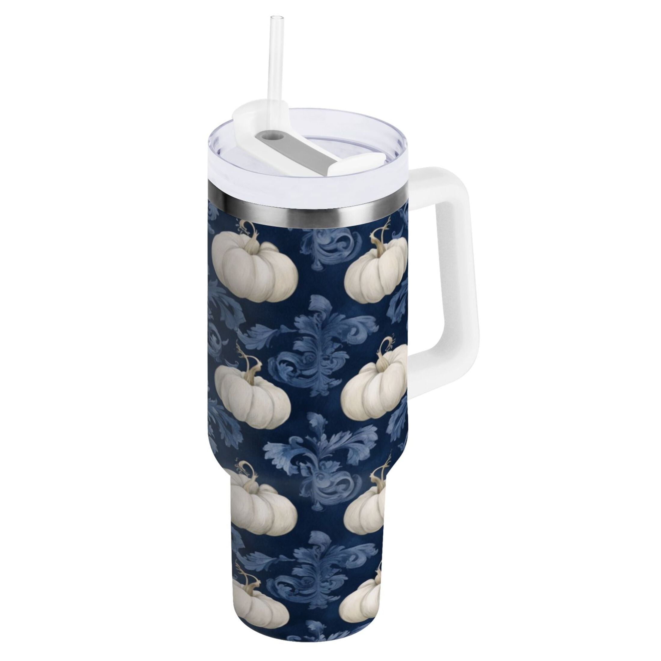 30 oz Insulated Stainless Steel Tumbler Double Wall Stainless Steel Tumbler with 2-Way Drinking Watercolor White Pumpkins M446B