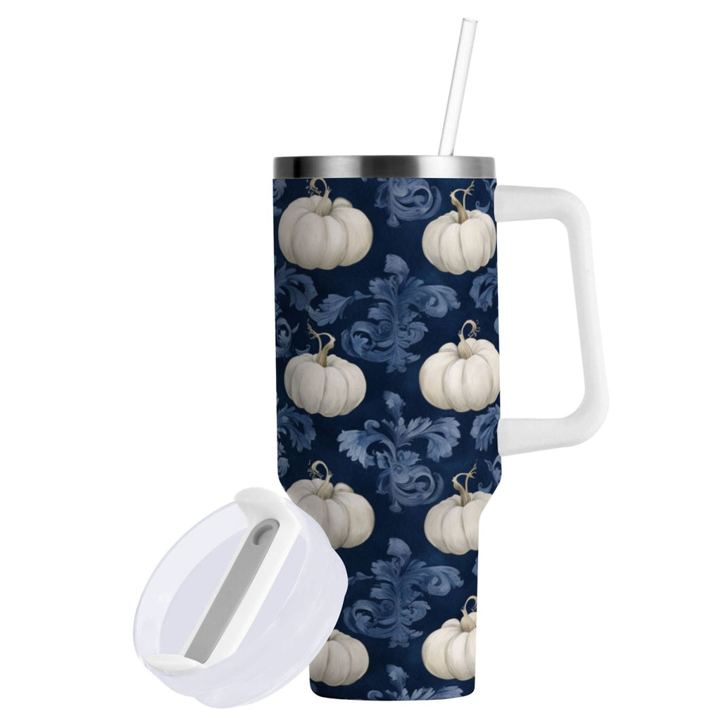 30 oz Insulated Stainless Steel Tumbler Double Wall Stainless Steel Tumbler with 2-Way Drinking Watercolor White Pumpkins M446B