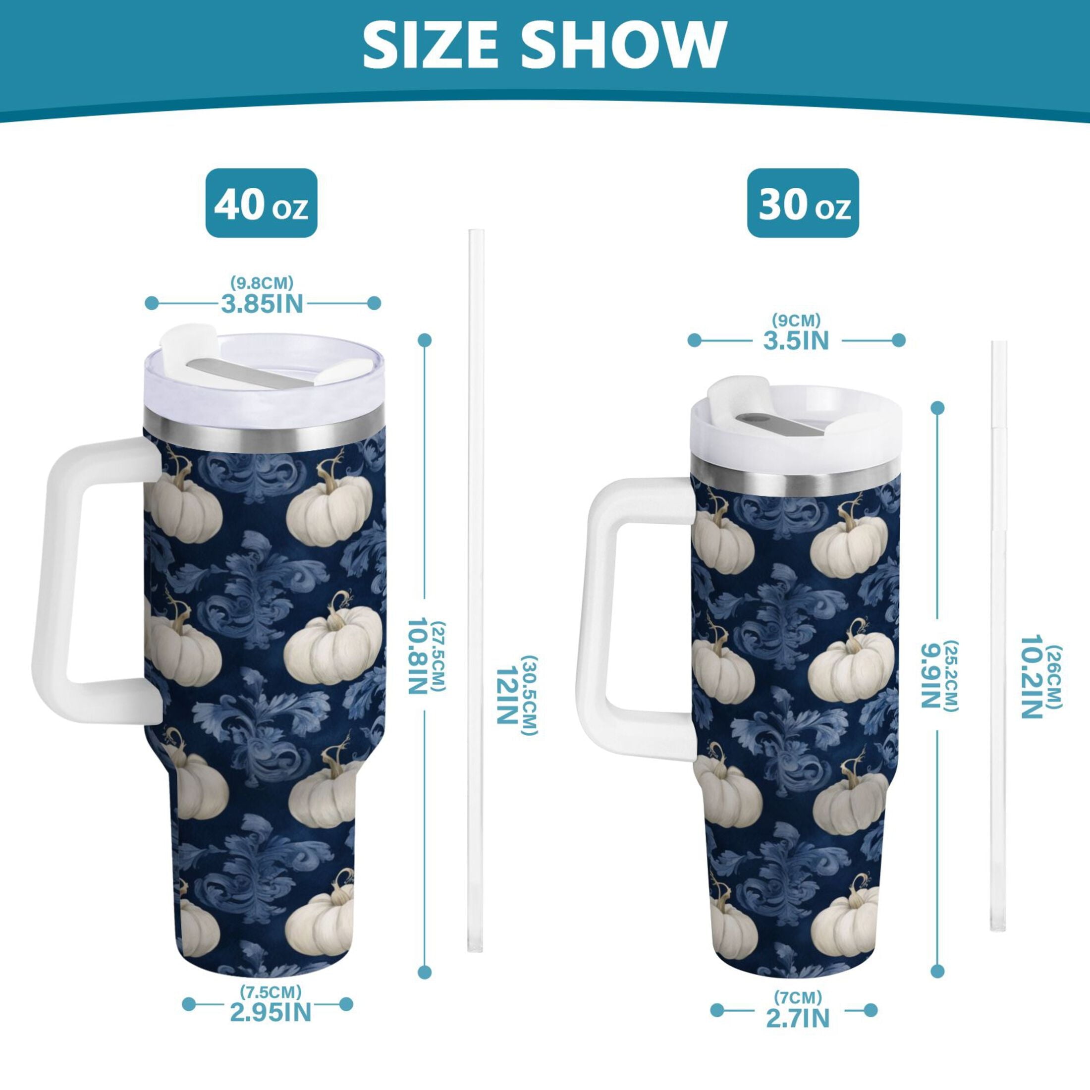 30 oz Insulated Stainless Steel Tumbler Double Wall Stainless Steel Tumbler with 2-Way Drinking Watercolor White Pumpkins M446B